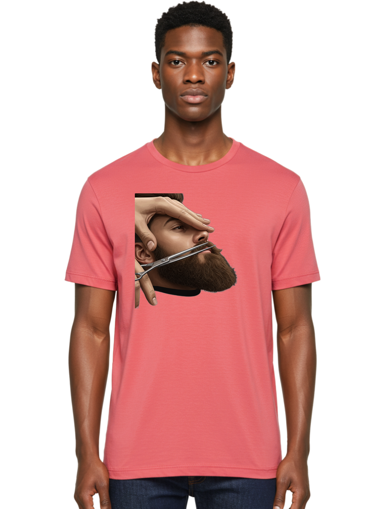 Man-Getting-Beard-Trimmed Men'S Graphic Tee, 100% Cotton, Comfortable Casual Summer Wear, Machine Washable, Beard Grooming, Beard Trimming, Barber Services, Men'S Grooming, Beard Care, Scissors Cutting Beard, Precise Cut, Stylish Beard Bad292