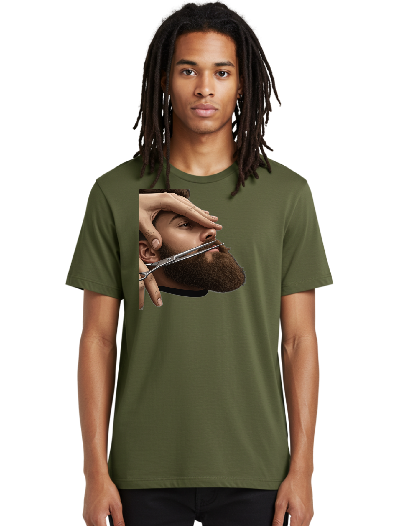 Man-Getting-Beard-Trimmed Men'S Graphic Tee, 100% Cotton, Comfortable Casual Summer Wear, Machine Washable, Beard Grooming, Beard Trimming, Barber Services, Men'S Grooming, Beard Care, Scissors Cutting Beard, Precise Cut, Stylish Beard Bad292
