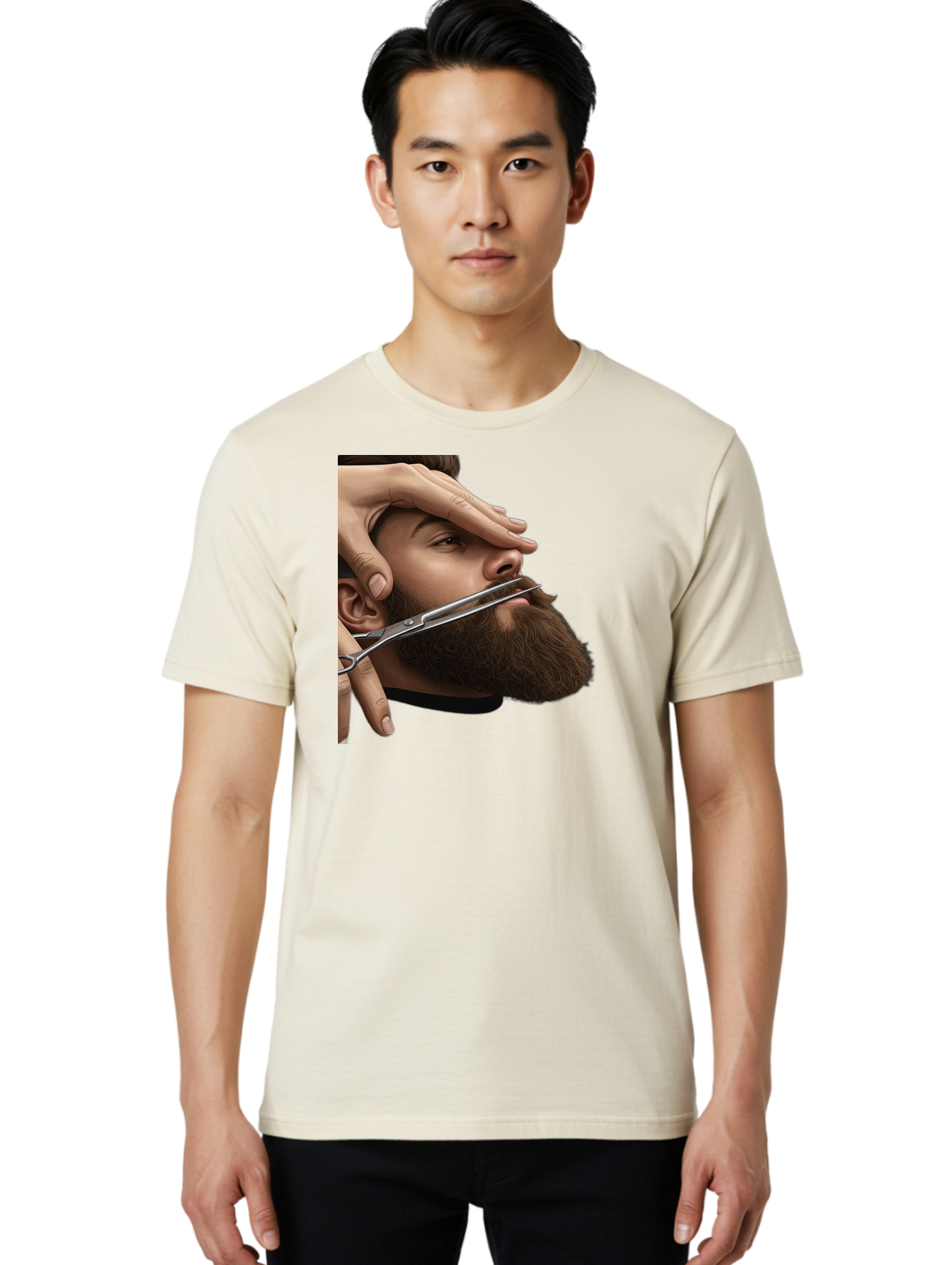 Man-Getting-Beard-Trimmed Men'S Graphic Tee, 100% Cotton, Comfortable Casual Summer Wear, Machine Washable, Beard Grooming, Beard Trimming, Barber Services, Men'S Grooming, Beard Care, Scissors Cutting Beard, Precise Cut, Stylish Beard Bad292