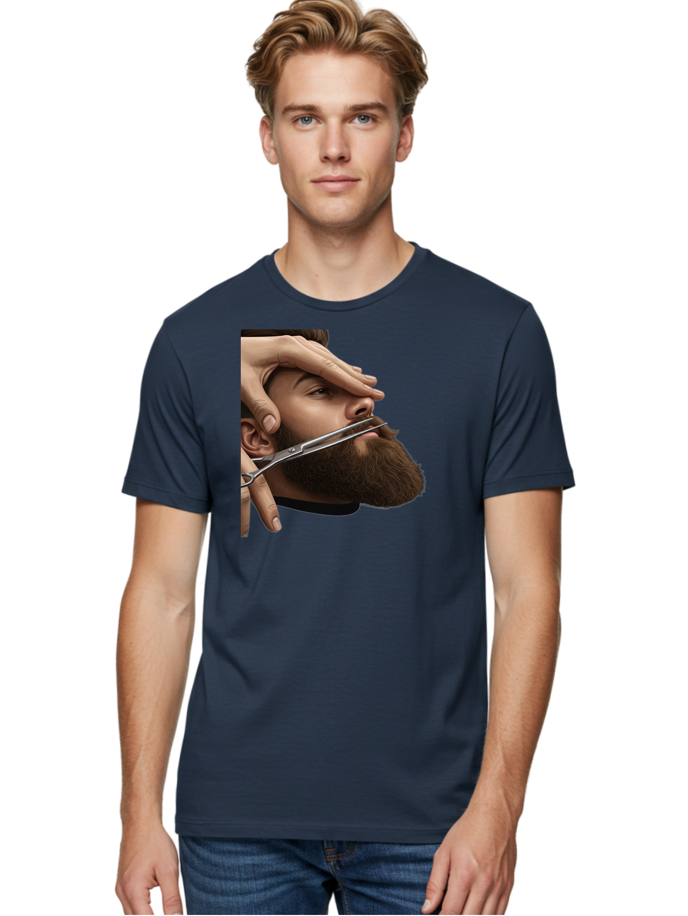 Man-Getting-Beard-Trimmed Men'S Graphic Tee, 100% Cotton, Comfortable Casual Summer Wear, Machine Washable, Beard Grooming, Beard Trimming, Barber Services, Men'S Grooming, Beard Care, Scissors Cutting Beard, Precise Cut, Stylish Beard Bad292
