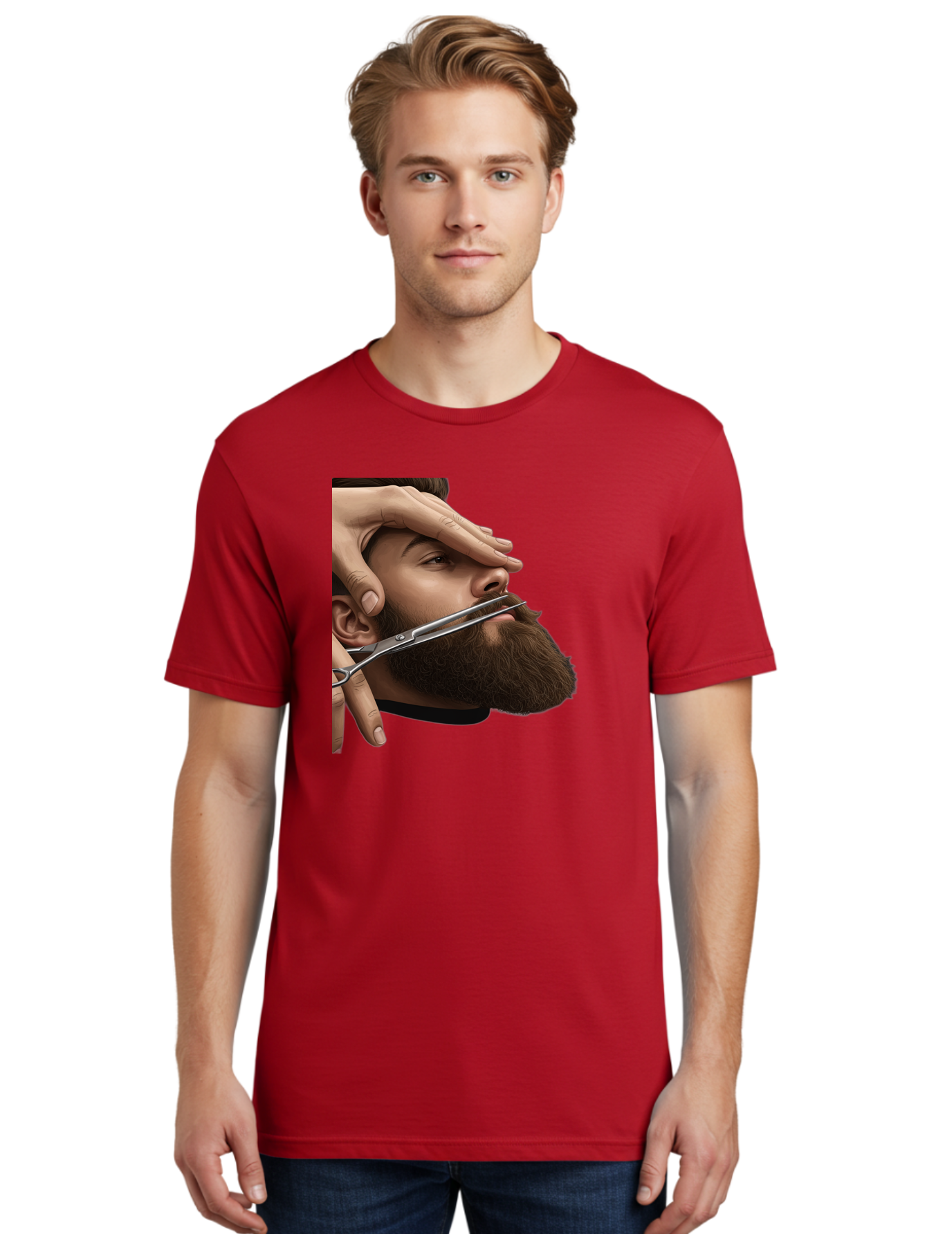 Man-Getting-Beard-Trimmed Men'S Graphic Tee, 100% Cotton, Comfortable Casual Summer Wear, Machine Washable, Beard Grooming, Beard Trimming, Barber Services, Men'S Grooming, Beard Care, Scissors Cutting Beard, Precise Cut, Stylish Beard Bad292