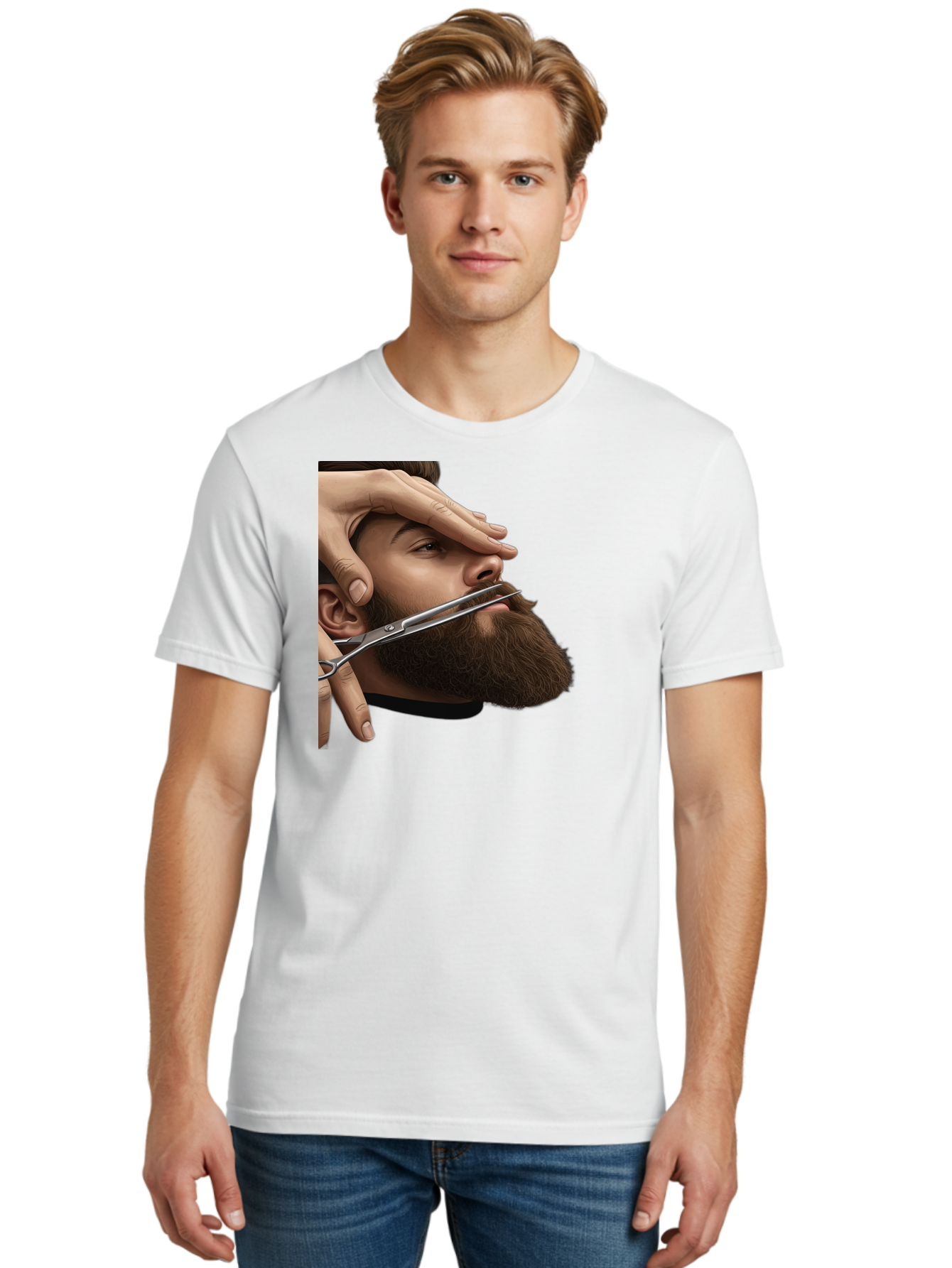 Man-Getting-Beard-Trimmed Men'S Graphic Tee, 100% Cotton, Comfortable Casual Summer Wear, Machine Washable, Beard Grooming, Beard Trimming, Barber Services, Men'S Grooming, Beard Care, Scissors Cutting Beard, Precise Cut, Stylish Beard Bad292