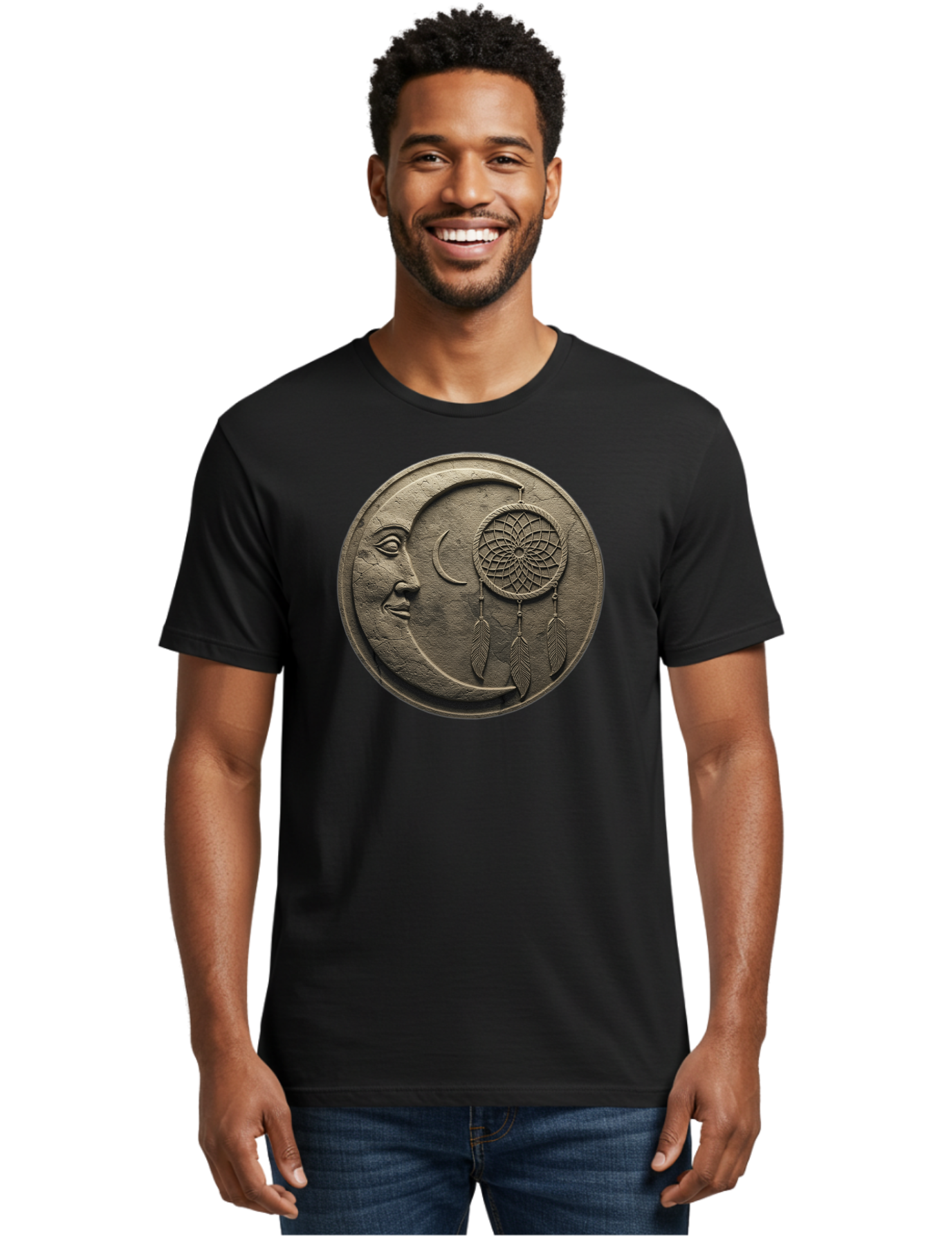 Man-In-The-Moon-Dreamcatcher-Plaque Men'S Graphic Tee, 100% Cotton, Comfortable Casual Summer Wear, Machine Washable, Dreamcatcher, Moon Face, Mystical Symbol, Spiritual Charm, Native American Culture, Handmade Art, Spiritual Protection, Bad293