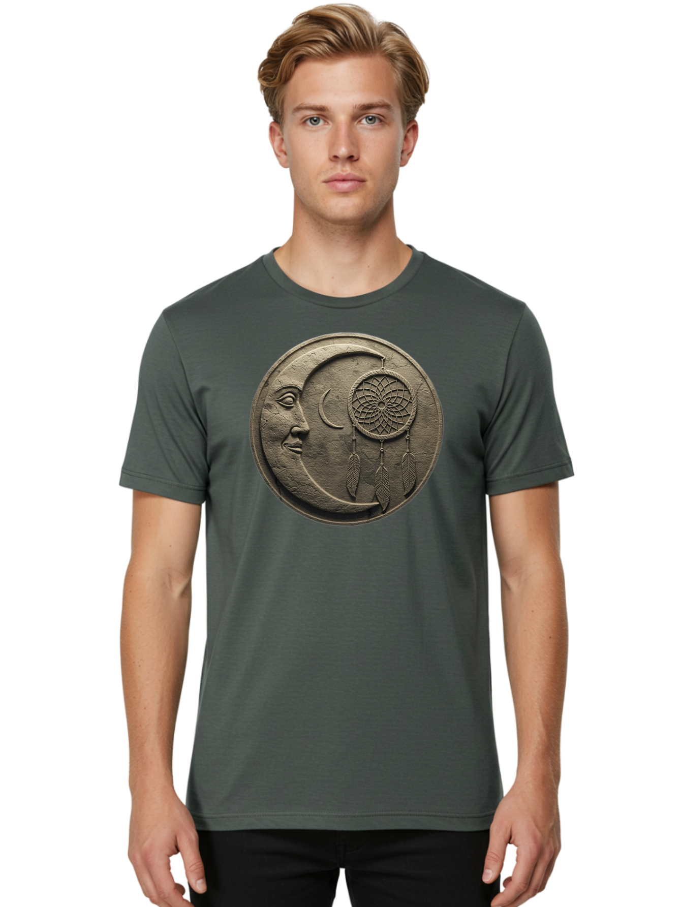 Man-In-The-Moon-Dreamcatcher-Plaque Men'S Graphic Tee, 100% Cotton, Comfortable Casual Summer Wear, Machine Washable, Dreamcatcher, Moon Face, Mystical Symbol, Spiritual Charm, Native American Culture, Handmade Art, Spiritual Protection, Bad293