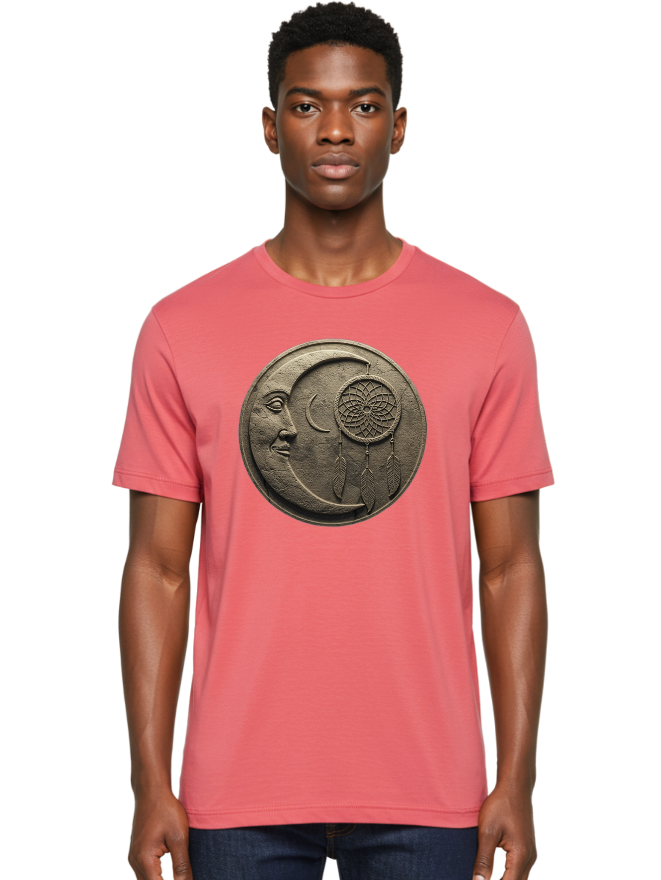Man-In-The-Moon-Dreamcatcher-Plaque Men'S Graphic Tee, 100% Cotton, Comfortable Casual Summer Wear, Machine Washable, Dreamcatcher, Moon Face, Mystical Symbol, Spiritual Charm, Native American Culture, Handmade Art, Spiritual Protection, Bad293