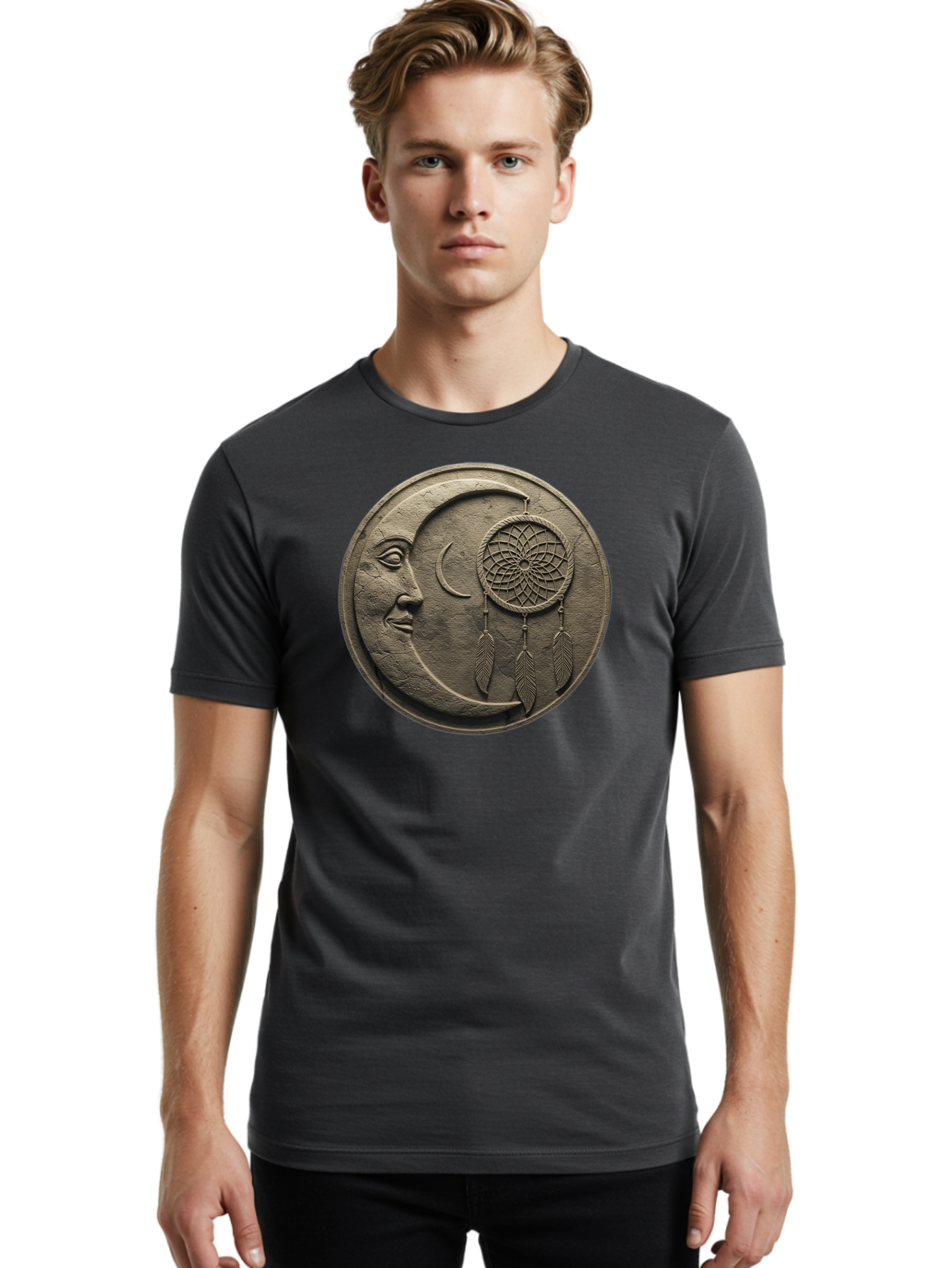 Man-In-The-Moon-Dreamcatcher-Plaque Men'S Graphic Tee, 100% Cotton, Comfortable Casual Summer Wear, Machine Washable, Dreamcatcher, Moon Face, Mystical Symbol, Spiritual Charm, Native American Culture, Handmade Art, Spiritual Protection, Bad293
