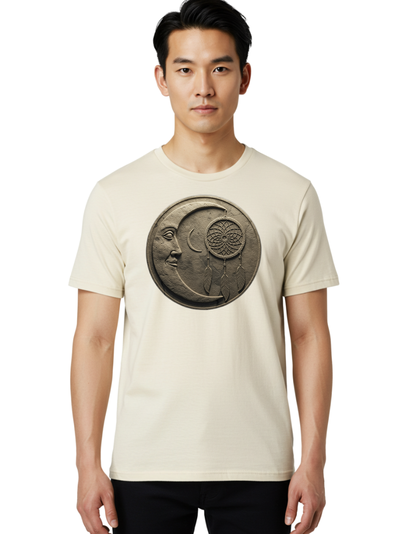 Man-In-The-Moon-Dreamcatcher-Plaque Men'S Graphic Tee, 100% Cotton, Comfortable Casual Summer Wear, Machine Washable, Dreamcatcher, Moon Face, Mystical Symbol, Spiritual Charm, Native American Culture, Handmade Art, Spiritual Protection, Bad293