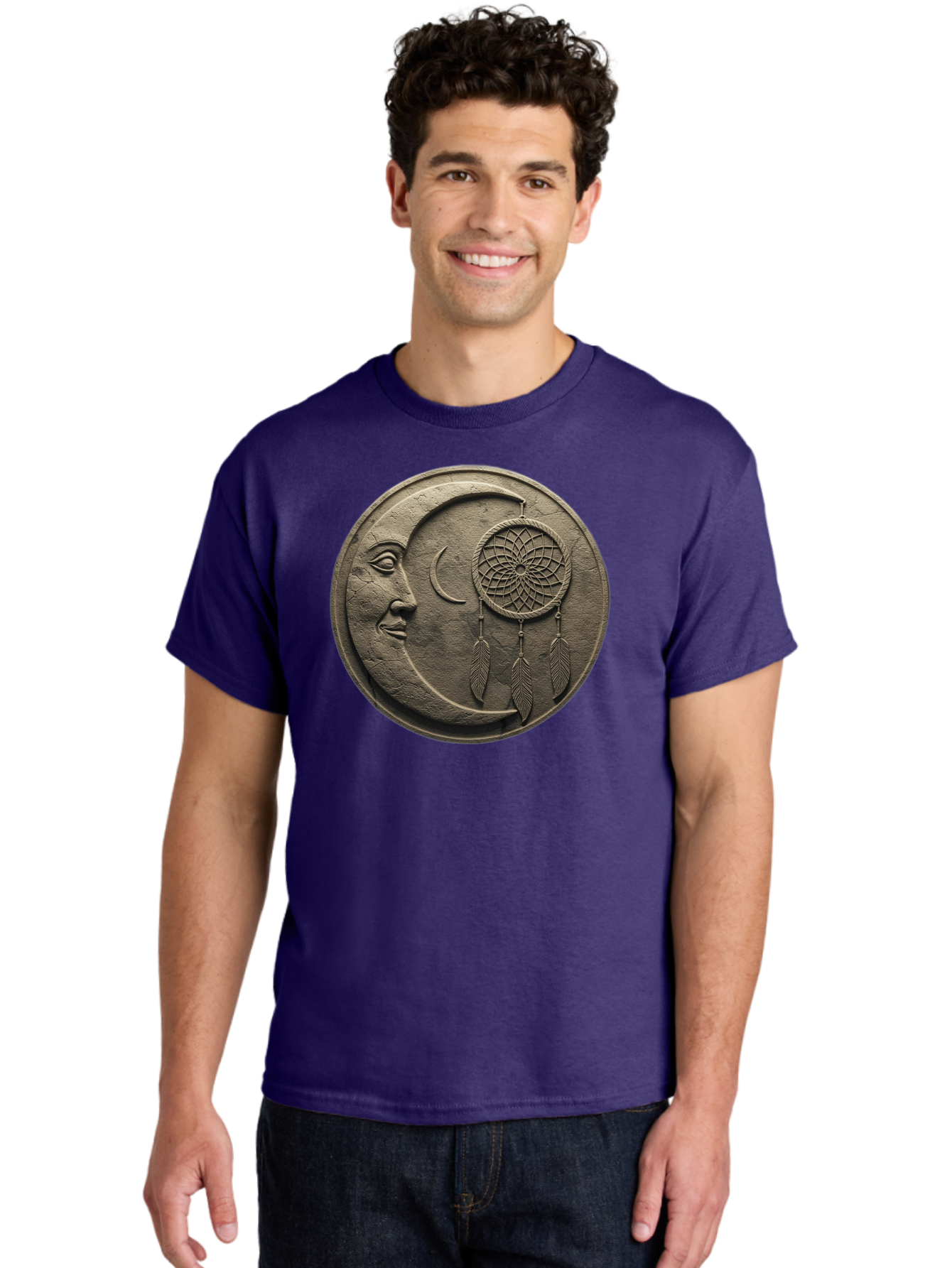 Man-In-The-Moon-Dreamcatcher-Plaque Men'S Graphic Tee, 100% Cotton, Comfortable Casual Summer Wear, Machine Washable, Dreamcatcher, Moon Face, Mystical Symbol, Spiritual Charm, Native American Culture, Handmade Art, Spiritual Protection, Bad293