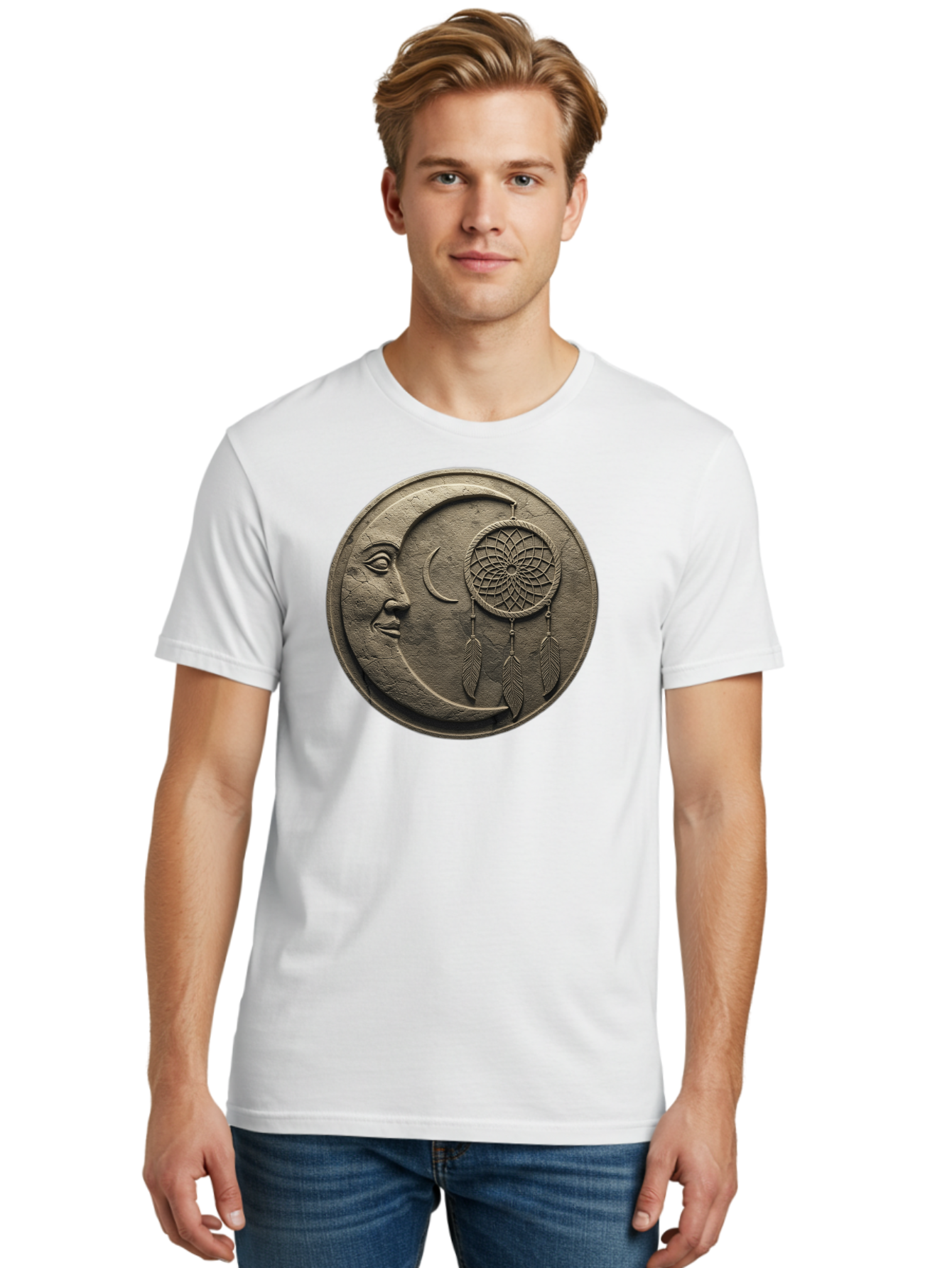 Man-In-The-Moon-Dreamcatcher-Plaque Men'S Graphic Tee, 100% Cotton, Comfortable Casual Summer Wear, Machine Washable, Dreamcatcher, Moon Face, Mystical Symbol, Spiritual Charm, Native American Culture, Handmade Art, Spiritual Protection, Bad293