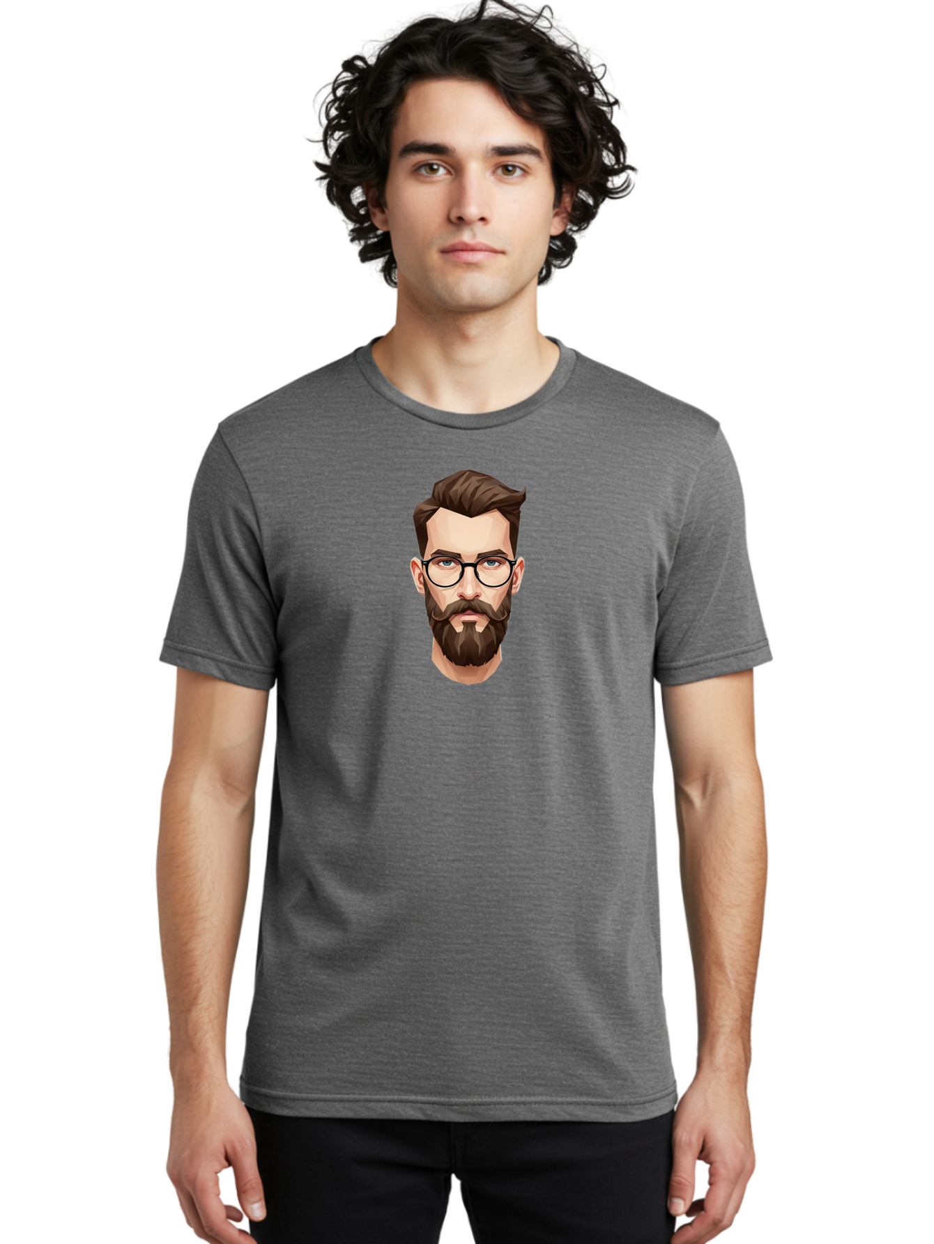 Man-With-Beard-And-Glasses Men'S Graphic Tee, 100% Cotton, Comfortable Casual Summer Wear, Machine Washable, Cartoon Man, Bearded Man, Stylish Glasses, Blue Eyes, Brown Hair, Trendy Look, Hipster Style, Modern Illustration, Digital Art, Bad294