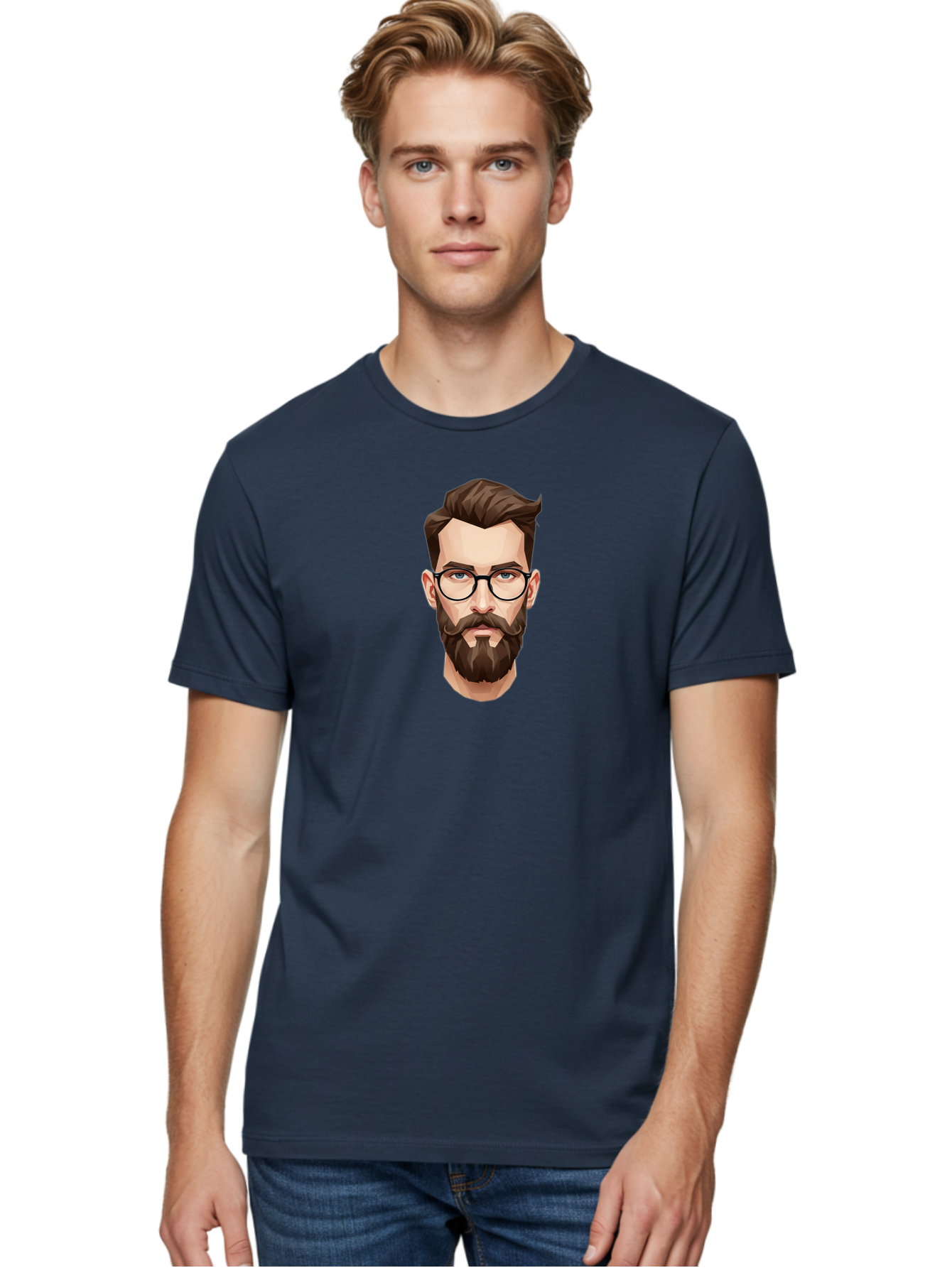 Man-With-Beard-And-Glasses Men'S Graphic Tee, 100% Cotton, Comfortable Casual Summer Wear, Machine Washable, Cartoon Man, Bearded Man, Stylish Glasses, Blue Eyes, Brown Hair, Trendy Look, Hipster Style, Modern Illustration, Digital Art, Bad294