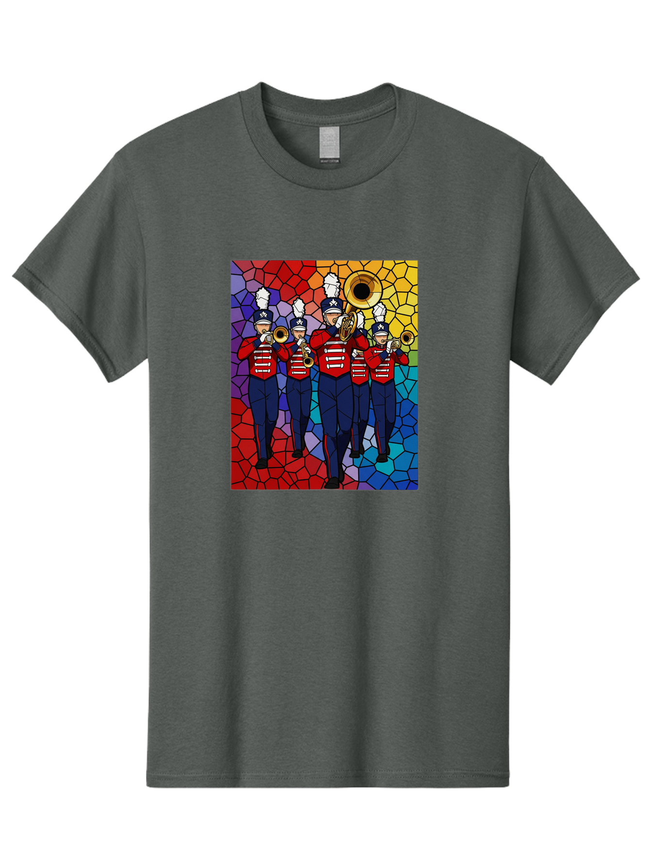 Marching-Band-1 Men'S Graphic Tee, 100% Cotton, Comfortable Casual Summer Wear, Machine Washable, Marching Band, Military Band, Musicians In Uniform, Playing Brass Instruments, Stained Glass Art, Vibrant Colors, Red And Blue Uniforms, Bad295