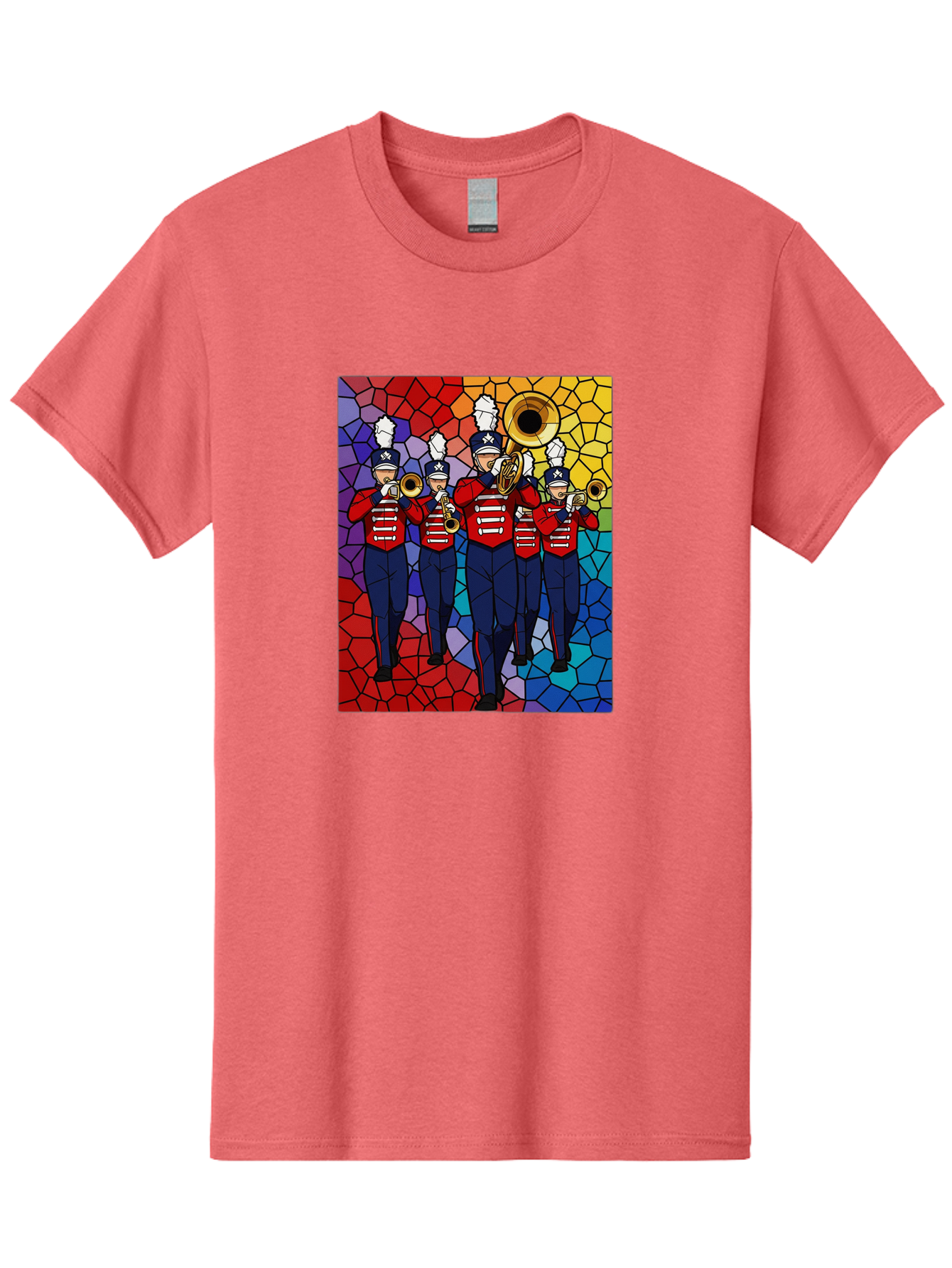 Marching-Band-1 Men'S Graphic Tee, 100% Cotton, Comfortable Casual Summer Wear, Machine Washable, Marching Band, Military Band, Musicians In Uniform, Playing Brass Instruments, Stained Glass Art, Vibrant Colors, Red And Blue Uniforms, Bad295