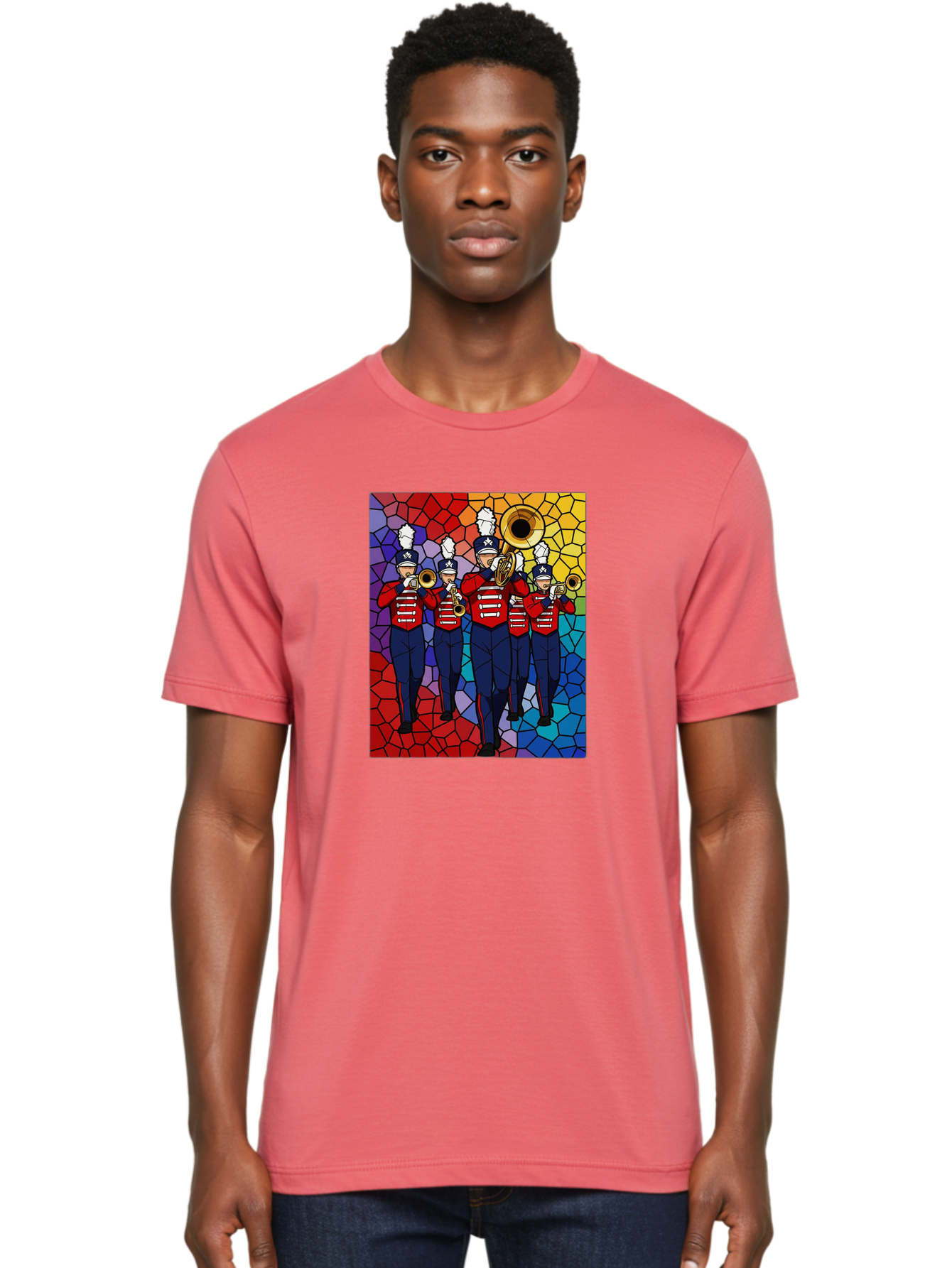 Marching-Band-1 Men'S Graphic Tee, 100% Cotton, Comfortable Casual Summer Wear, Machine Washable, Marching Band, Military Band, Musicians In Uniform, Playing Brass Instruments, Stained Glass Art, Vibrant Colors, Red And Blue Uniforms, Bad295