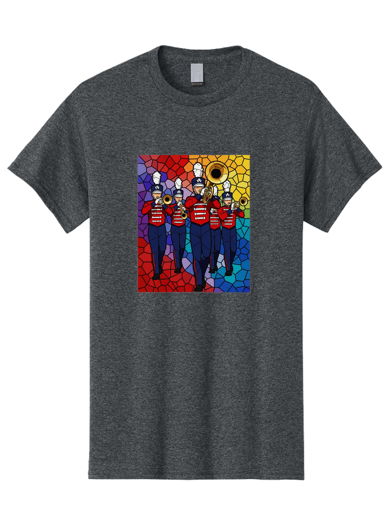 Marching-Band-1 Men'S Graphic Tee, 100% Cotton, Comfortable Casual Summer Wear, Machine Washable, Marching Band, Military Band, Musicians In Uniform, Playing Brass Instruments, Stained Glass Art, Vibrant Colors, Red And Blue Uniforms, Bad295
