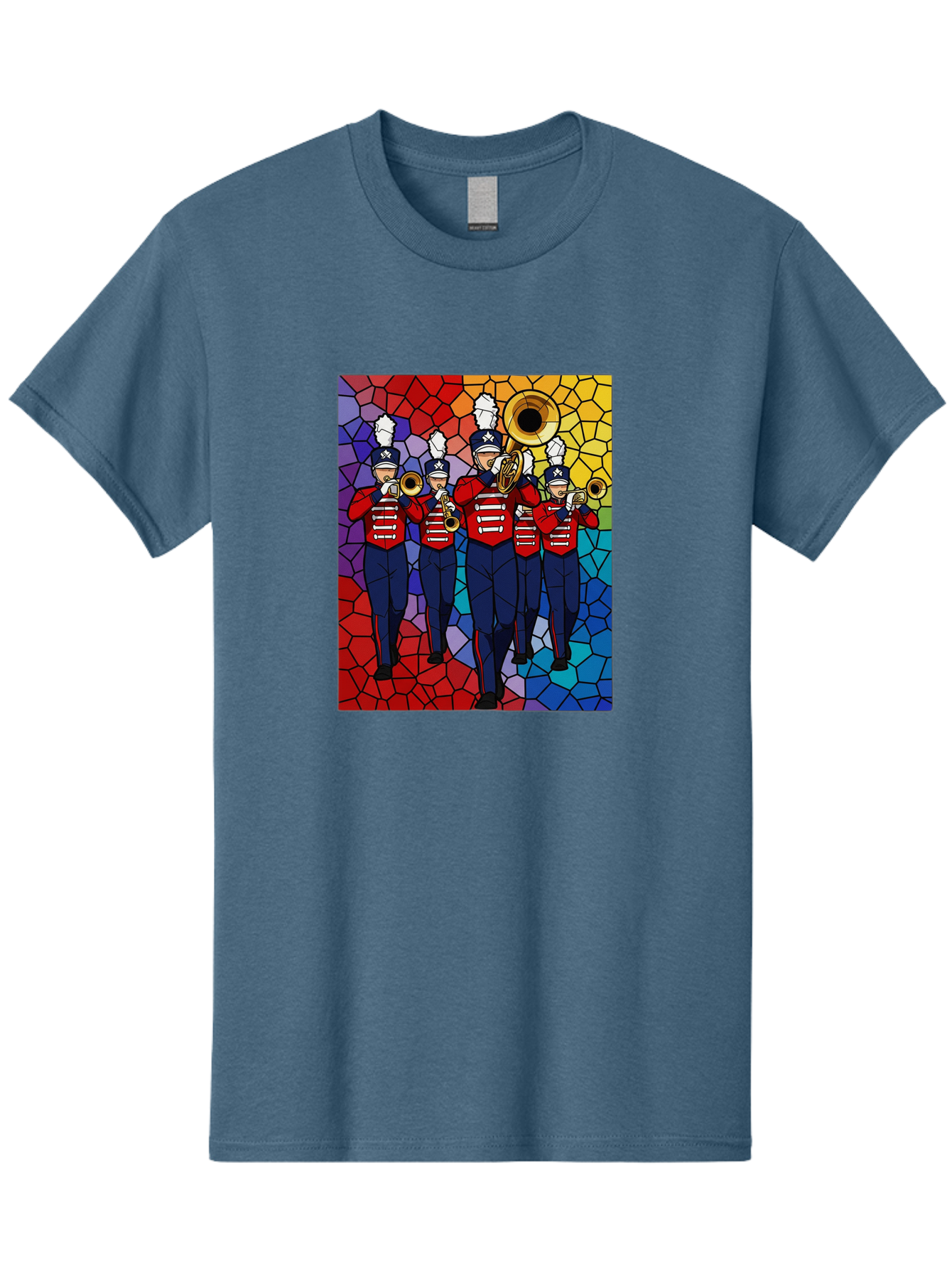 Marching-Band-1 Men'S Graphic Tee, 100% Cotton, Comfortable Casual Summer Wear, Machine Washable, Marching Band, Military Band, Musicians In Uniform, Playing Brass Instruments, Stained Glass Art, Vibrant Colors, Red And Blue Uniforms, Bad295