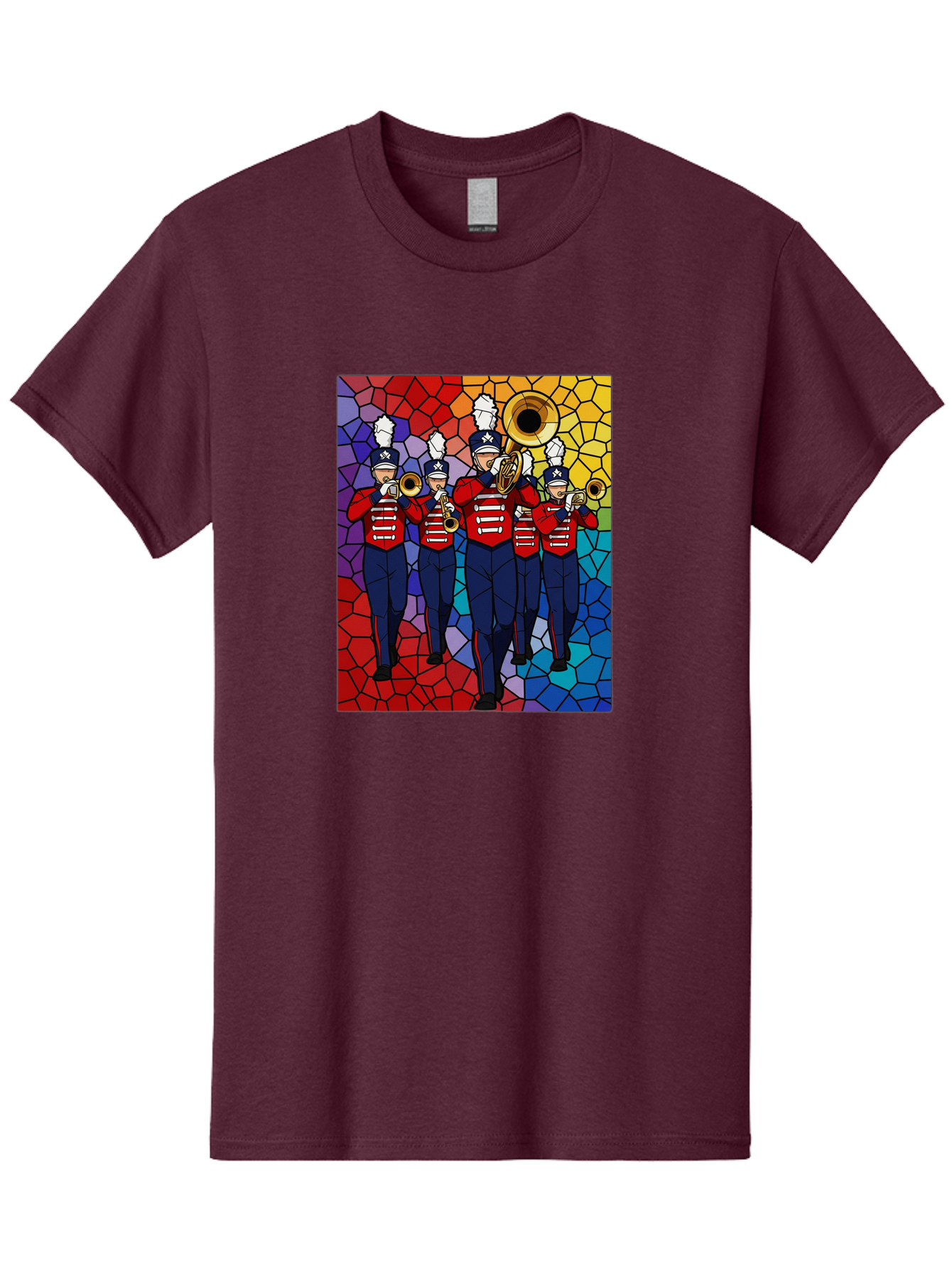 Marching-Band-1 Men'S Graphic Tee, 100% Cotton, Comfortable Casual Summer Wear, Machine Washable, Marching Band, Military Band, Musicians In Uniform, Playing Brass Instruments, Stained Glass Art, Vibrant Colors, Red And Blue Uniforms, Bad295