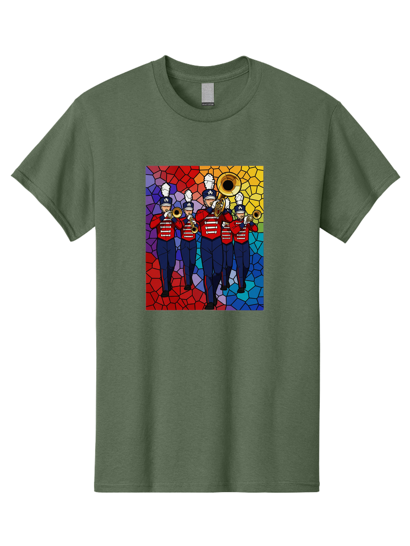 Marching-Band-1 Men'S Graphic Tee, 100% Cotton, Comfortable Casual Summer Wear, Machine Washable, Marching Band, Military Band, Musicians In Uniform, Playing Brass Instruments, Stained Glass Art, Vibrant Colors, Red And Blue Uniforms, Bad295