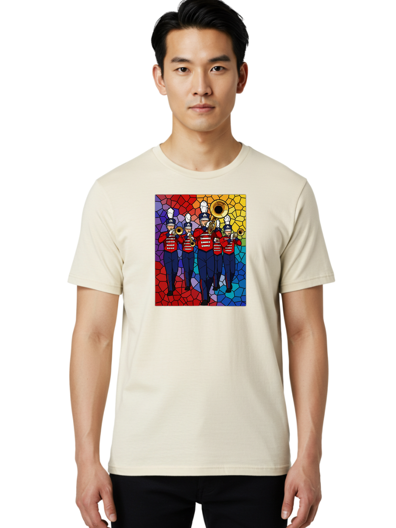 Marching-Band-1 Men'S Graphic Tee, 100% Cotton, Comfortable Casual Summer Wear, Machine Washable, Marching Band, Military Band, Musicians In Uniform, Playing Brass Instruments, Stained Glass Art, Vibrant Colors, Red And Blue Uniforms, Bad295