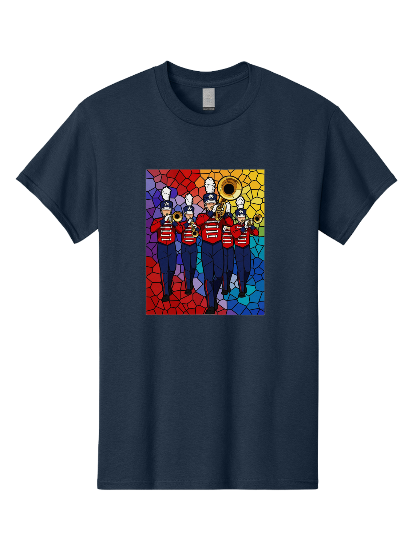 Marching-Band-1 Men'S Graphic Tee, 100% Cotton, Comfortable Casual Summer Wear, Machine Washable, Marching Band, Military Band, Musicians In Uniform, Playing Brass Instruments, Stained Glass Art, Vibrant Colors, Red And Blue Uniforms, Bad295