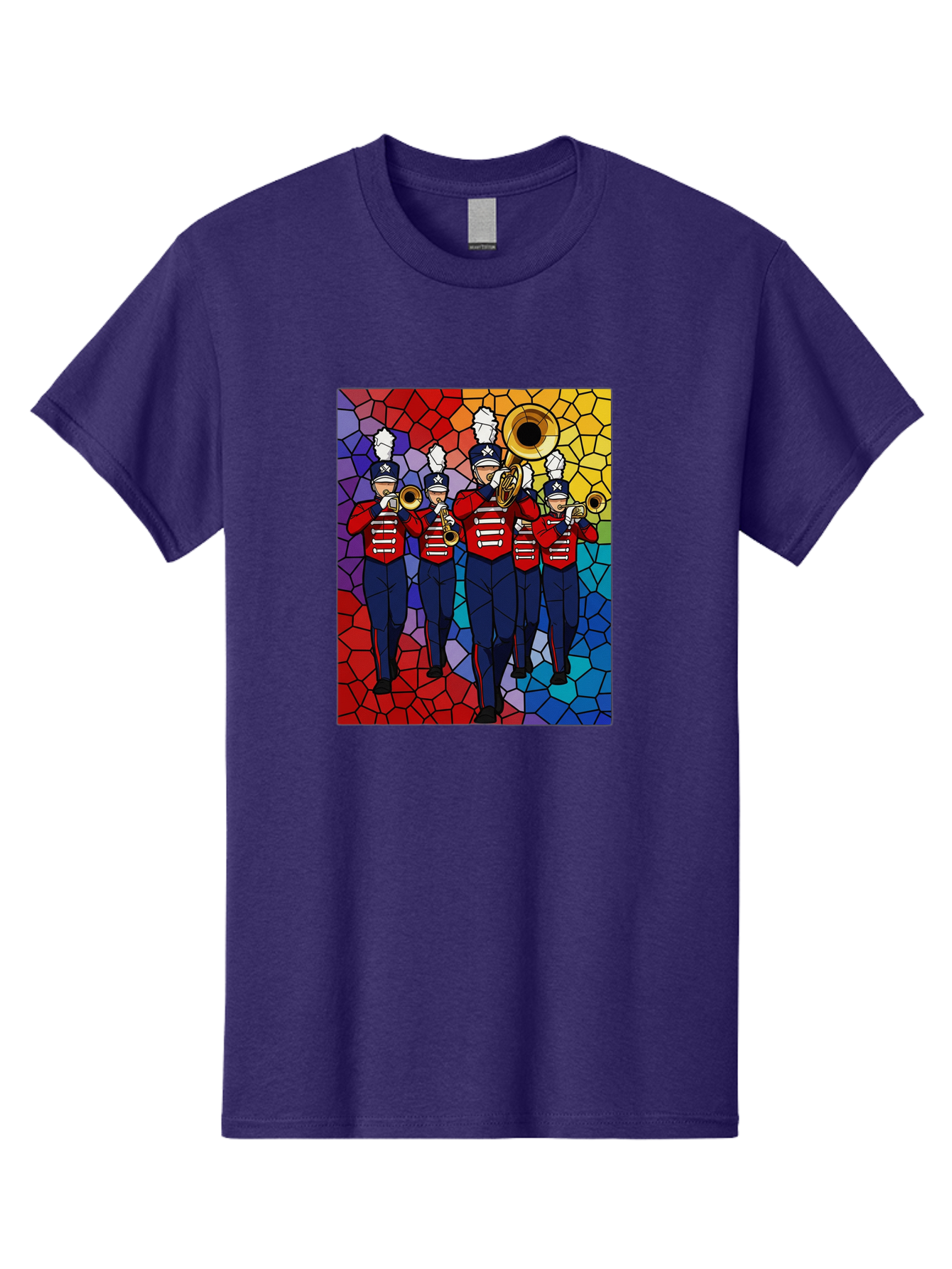 Marching-Band-1 Men'S Graphic Tee, 100% Cotton, Comfortable Casual Summer Wear, Machine Washable, Marching Band, Military Band, Musicians In Uniform, Playing Brass Instruments, Stained Glass Art, Vibrant Colors, Red And Blue Uniforms, Bad295