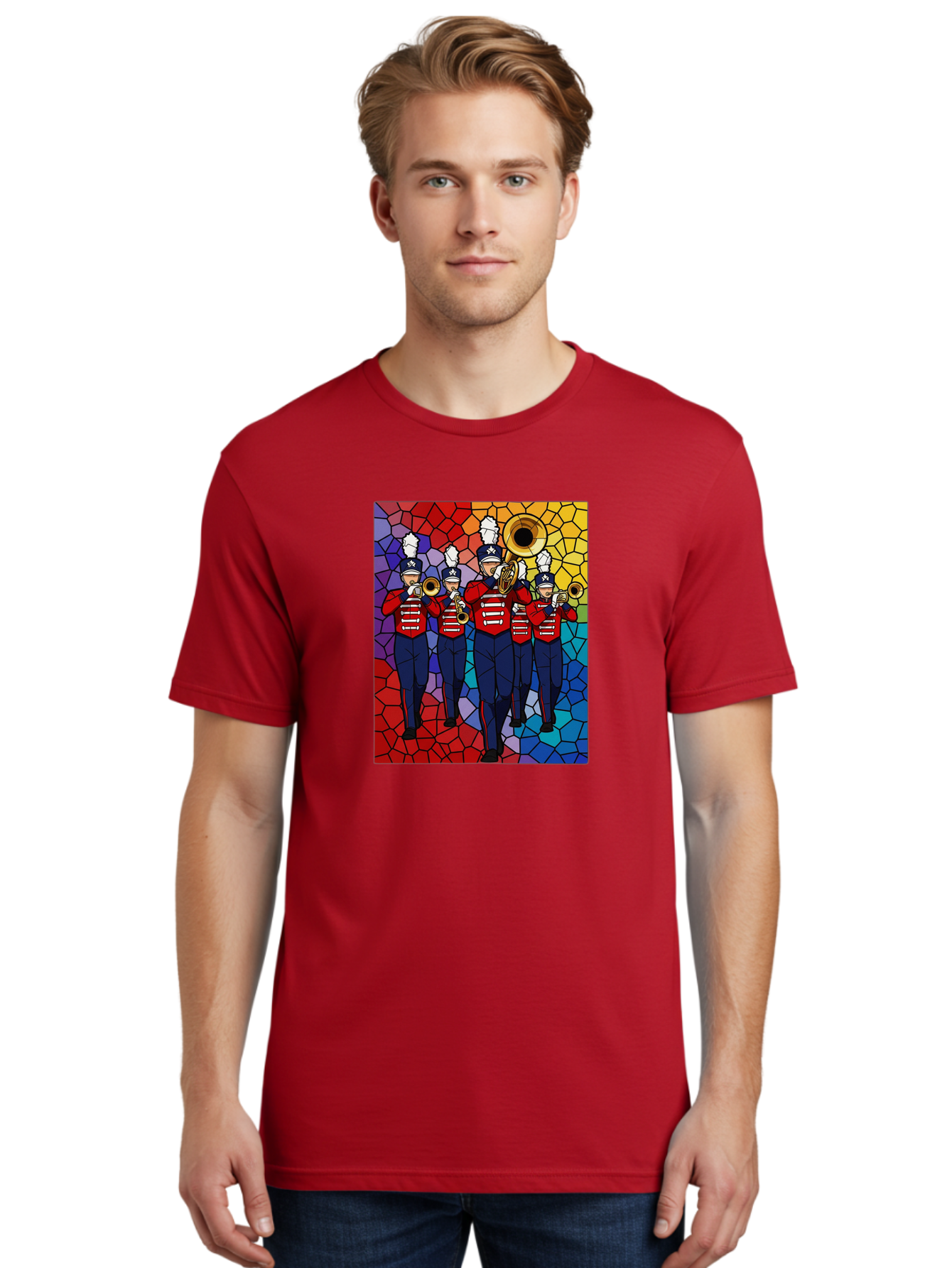 Marching-Band-1 Men'S Graphic Tee, 100% Cotton, Comfortable Casual Summer Wear, Machine Washable, Marching Band, Military Band, Musicians In Uniform, Playing Brass Instruments, Stained Glass Art, Vibrant Colors, Red And Blue Uniforms, Bad295