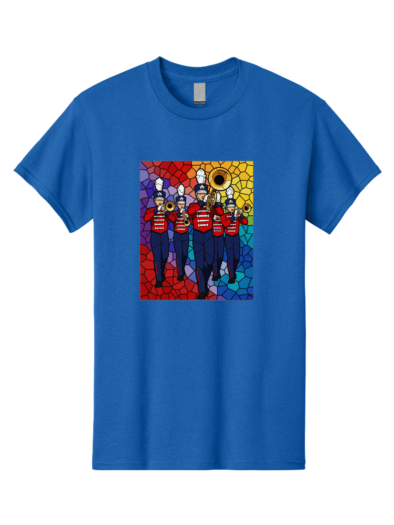 Marching-Band-1 Men'S Graphic Tee, 100% Cotton, Comfortable Casual Summer Wear, Machine Washable, Marching Band, Military Band, Musicians In Uniform, Playing Brass Instruments, Stained Glass Art, Vibrant Colors, Red And Blue Uniforms, Bad295