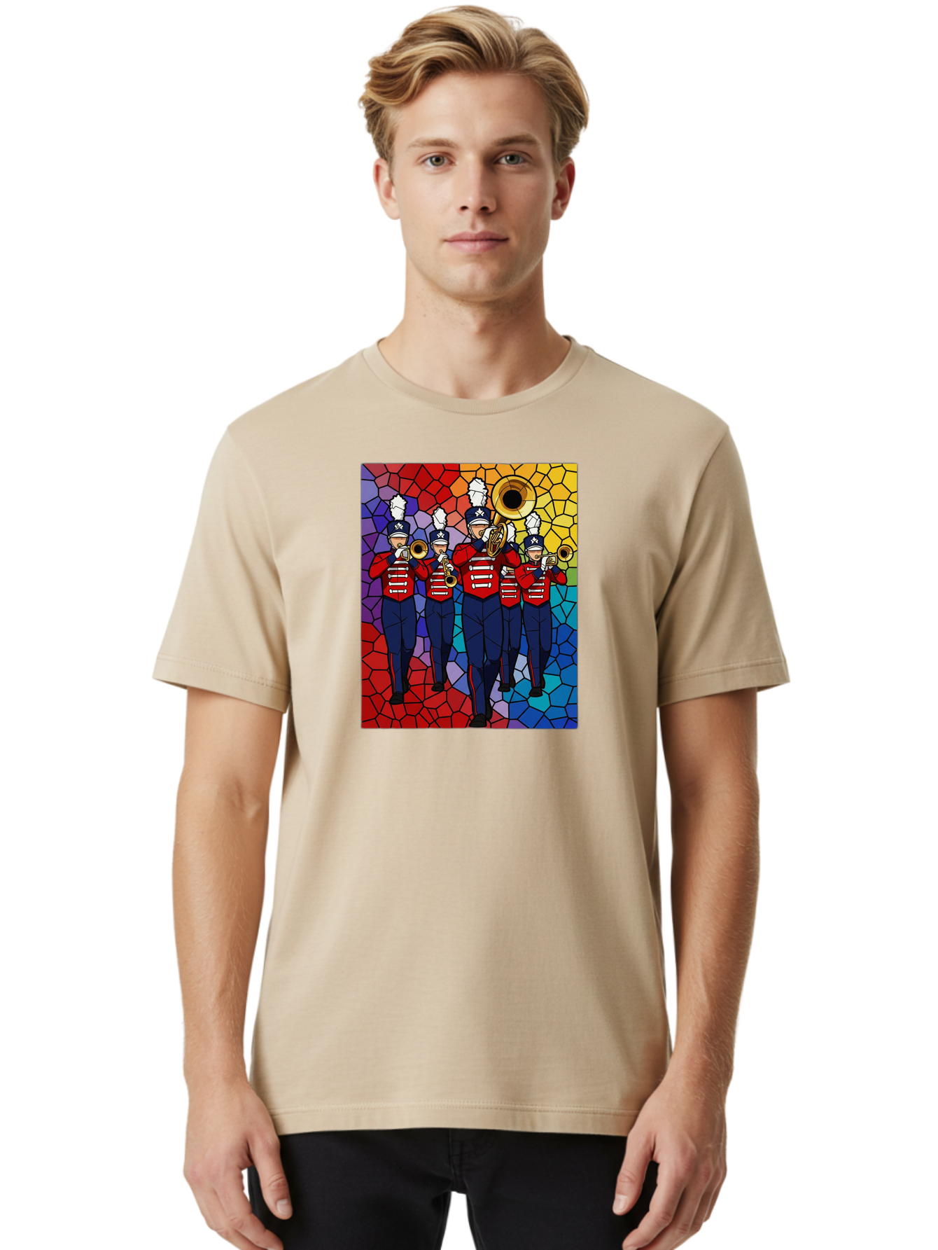 Marching-Band-1 Men'S Graphic Tee, 100% Cotton, Comfortable Casual Summer Wear, Machine Washable, Marching Band, Military Band, Musicians In Uniform, Playing Brass Instruments, Stained Glass Art, Vibrant Colors, Red And Blue Uniforms, Bad295