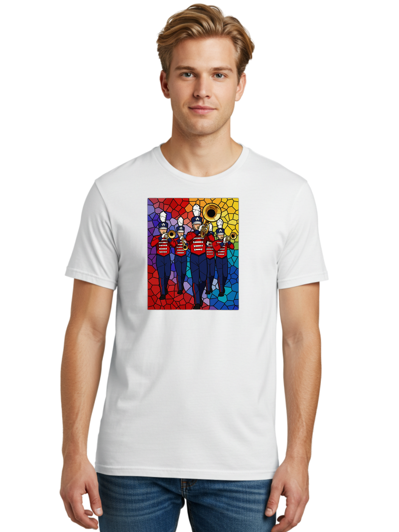 Marching-Band-1 Men'S Graphic Tee, 100% Cotton, Comfortable Casual Summer Wear, Machine Washable, Marching Band, Military Band, Musicians In Uniform, Playing Brass Instruments, Stained Glass Art, Vibrant Colors, Red And Blue Uniforms, Bad295