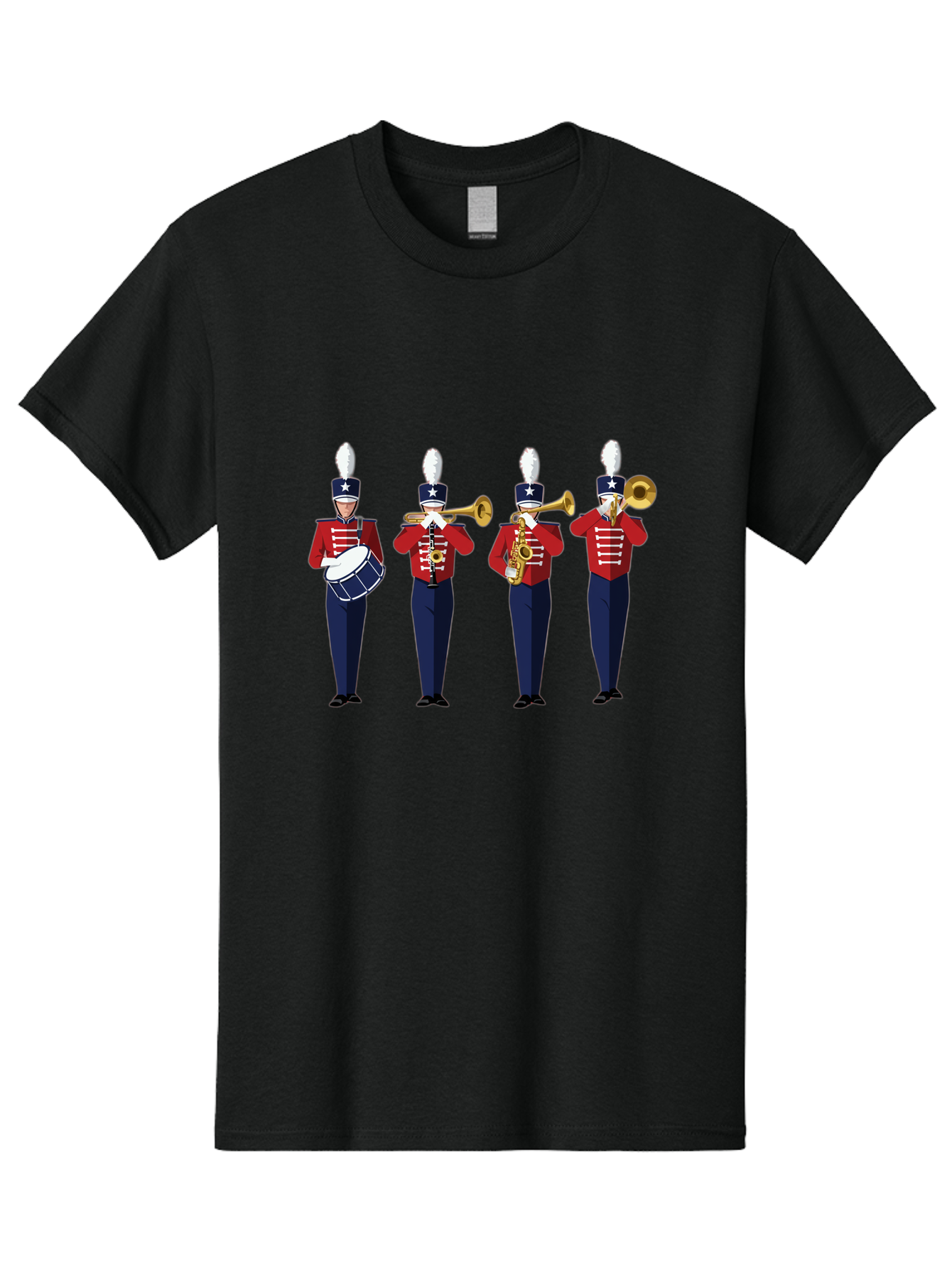 Marching-Band Men'S Graphic Tee, 100% Cotton, Comfortable Casual Summer Wear, Machine Washable, Marching Band Performers, Red Uniform, Blue Pants, White Star Hat, Playing Drum, Trumpet, Saxophone, Musical Performance, Patriotic Theme, Bad296