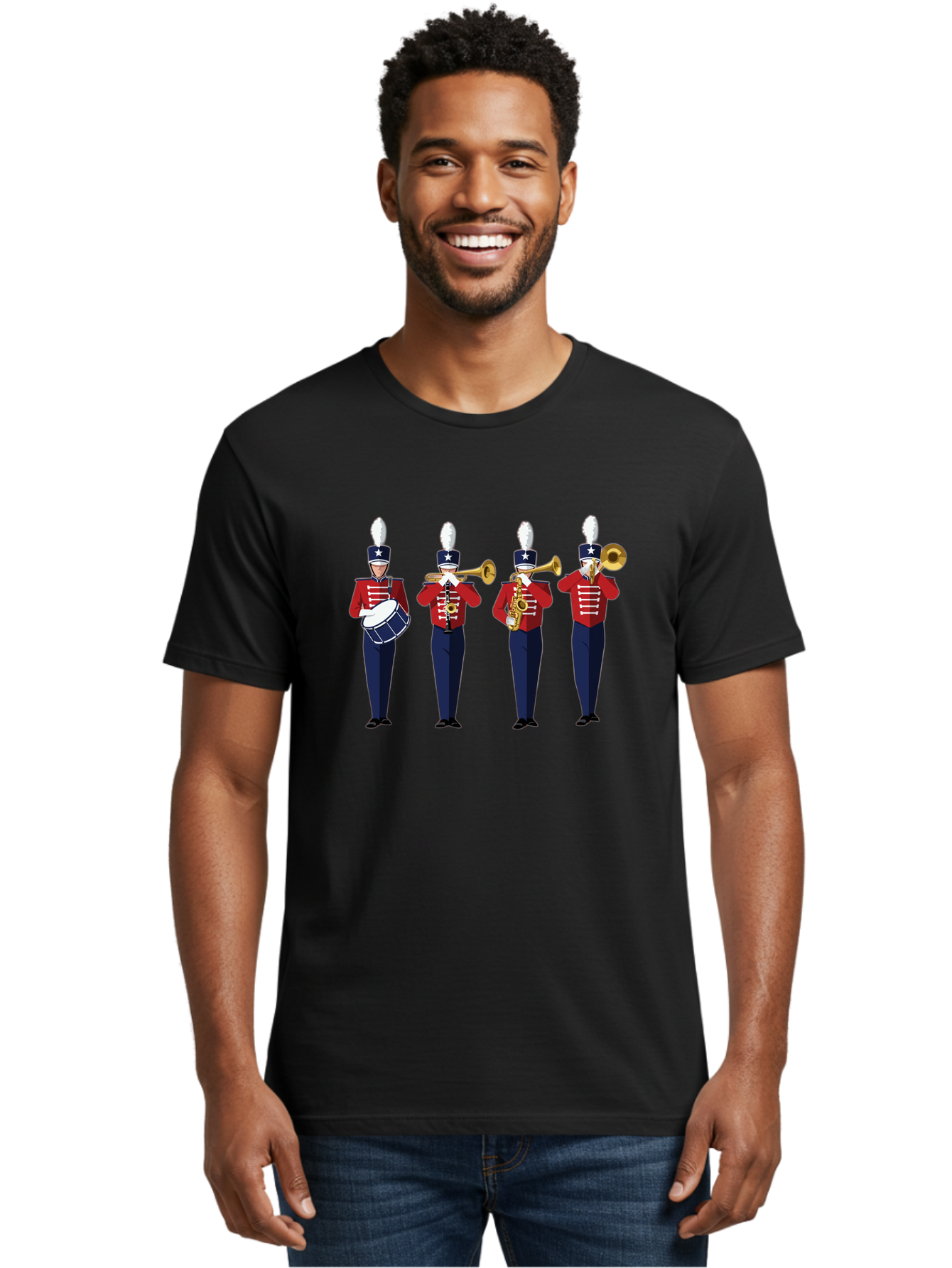 Marching-Band Men'S Graphic Tee, 100% Cotton, Comfortable Casual Summer Wear, Machine Washable, Marching Band Performers, Red Uniform, Blue Pants, White Star Hat, Playing Drum, Trumpet, Saxophone, Musical Performance, Patriotic Theme, Bad296