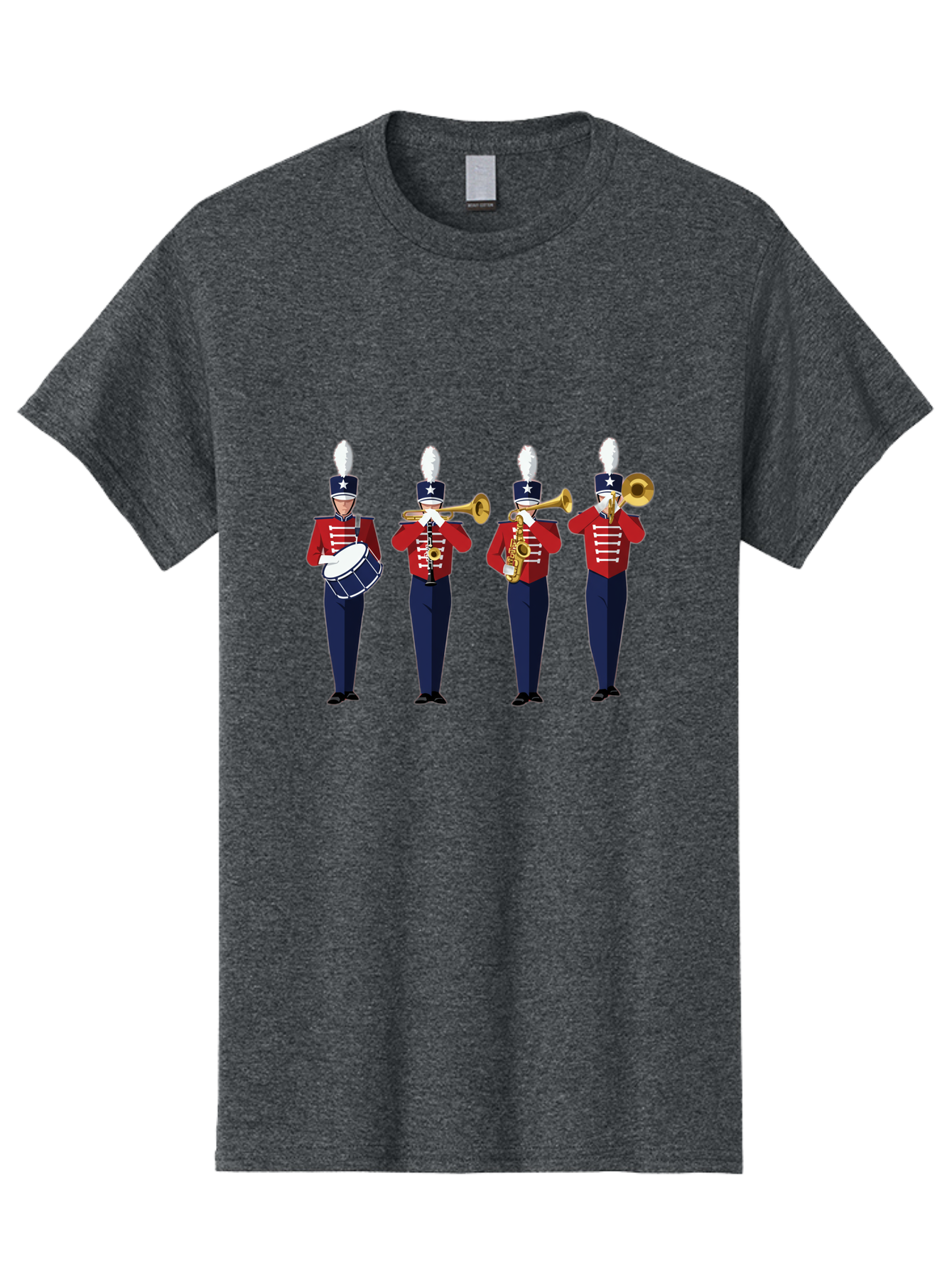 Marching-Band Men'S Graphic Tee, 100% Cotton, Comfortable Casual Summer Wear, Machine Washable, Marching Band Performers, Red Uniform, Blue Pants, White Star Hat, Playing Drum, Trumpet, Saxophone, Musical Performance, Patriotic Theme, Bad296