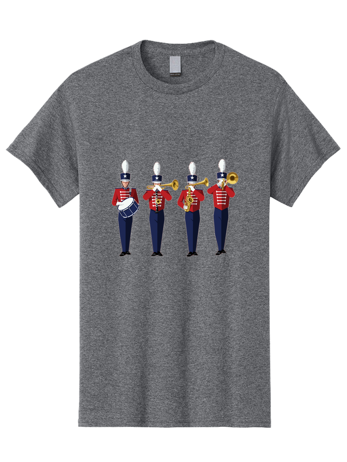 Marching-Band Men'S Graphic Tee, 100% Cotton, Comfortable Casual Summer Wear, Machine Washable, Marching Band Performers, Red Uniform, Blue Pants, White Star Hat, Playing Drum, Trumpet, Saxophone, Musical Performance, Patriotic Theme, Bad296