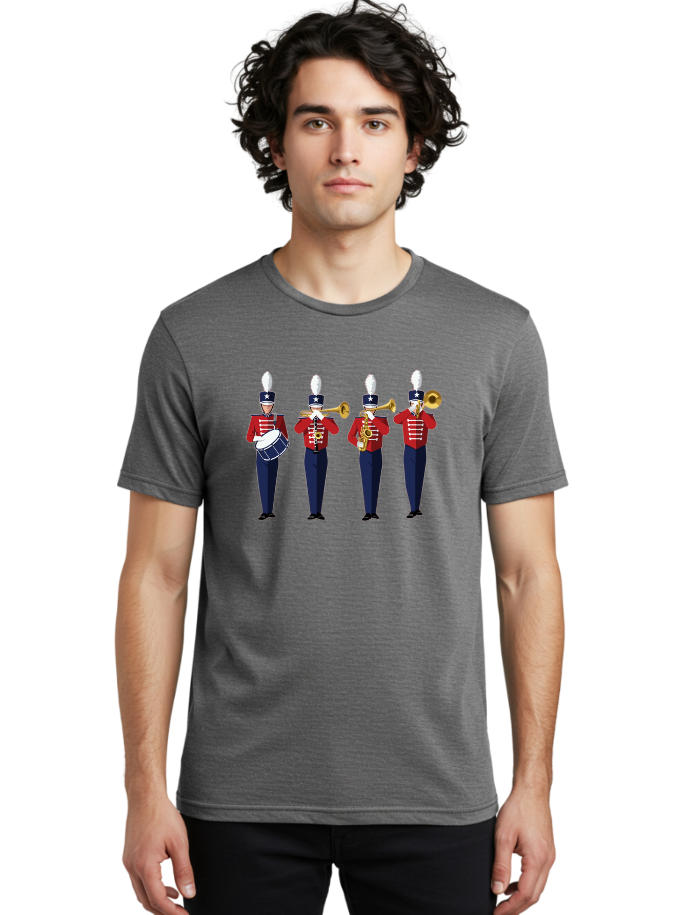 Marching-Band Men'S Graphic Tee, 100% Cotton, Comfortable Casual Summer Wear, Machine Washable, Marching Band Performers, Red Uniform, Blue Pants, White Star Hat, Playing Drum, Trumpet, Saxophone, Musical Performance, Patriotic Theme, Bad296