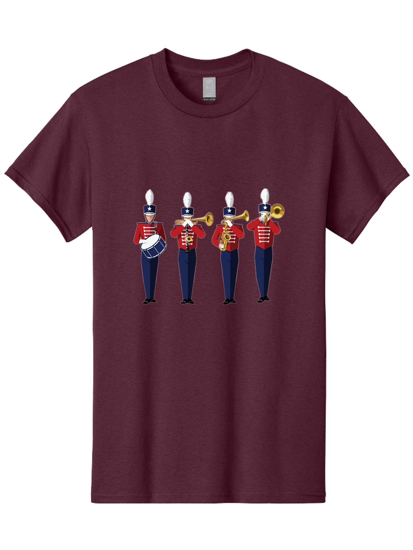 Marching-Band Men'S Graphic Tee, 100% Cotton, Comfortable Casual Summer Wear, Machine Washable, Marching Band Performers, Red Uniform, Blue Pants, White Star Hat, Playing Drum, Trumpet, Saxophone, Musical Performance, Patriotic Theme, Bad296