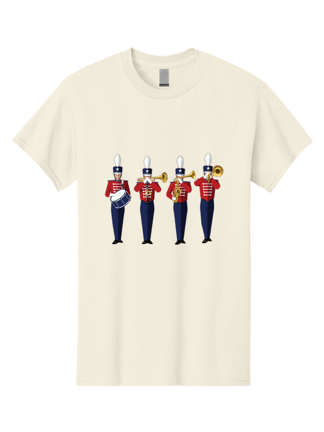 Marching-Band Men'S Graphic Tee, 100% Cotton, Comfortable Casual Summer Wear, Machine Washable, Marching Band Performers, Red Uniform, Blue Pants, White Star Hat, Playing Drum, Trumpet, Saxophone, Musical Performance, Patriotic Theme, Bad296