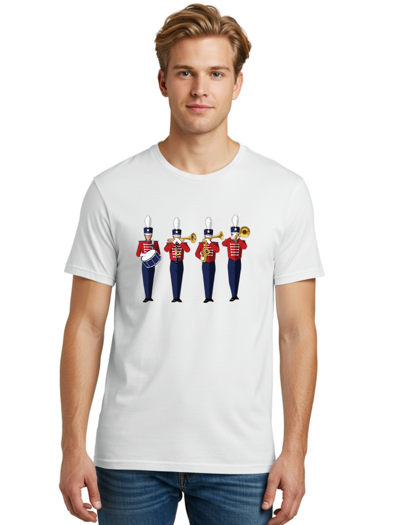 Marching-Band Men'S Graphic Tee, 100% Cotton, Comfortable Casual Summer Wear, Machine Washable, Marching Band Performers, Red Uniform, Blue Pants, White Star Hat, Playing Drum, Trumpet, Saxophone, Musical Performance, Patriotic Theme, Bad296