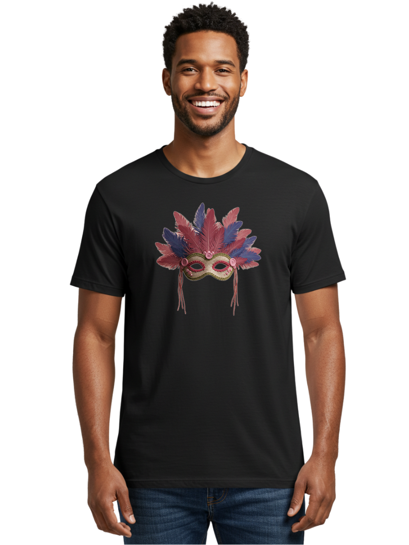 Mardi-Gras-Mask Men'S Graphic Tee, 100% Cotton, Comfortable Casual Summer Wear, Machine Washable, Vibrant Mardi Gras Mask, Red And Blue Feathers, Fancy Decoration, Festive Theme, Celebration, Colorful, Elaborate Design Bad297