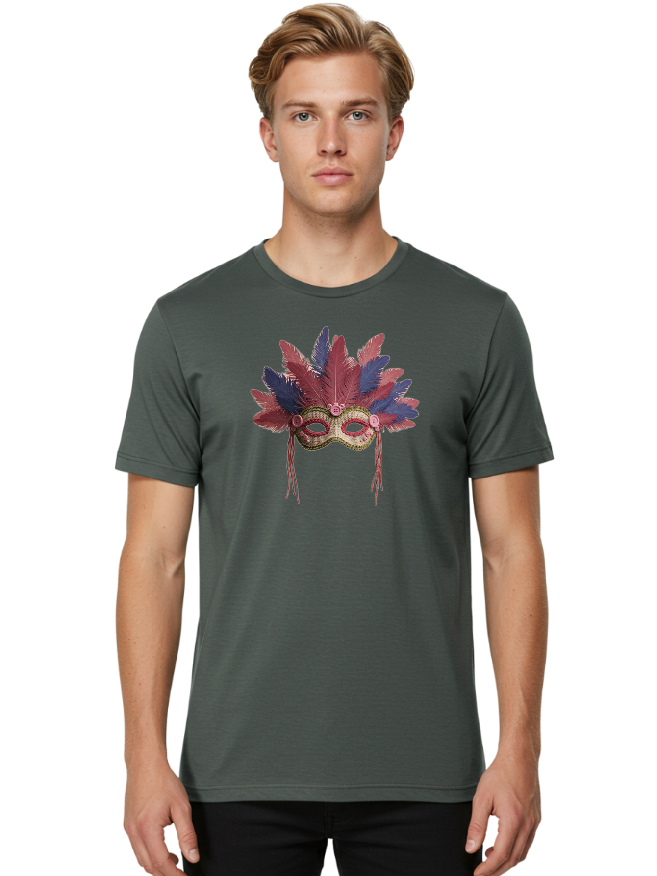 Mardi-Gras-Mask Men'S Graphic Tee, 100% Cotton, Comfortable Casual Summer Wear, Machine Washable, Vibrant Mardi Gras Mask, Red And Blue Feathers, Fancy Decoration, Festive Theme, Celebration, Colorful, Elaborate Design Bad297