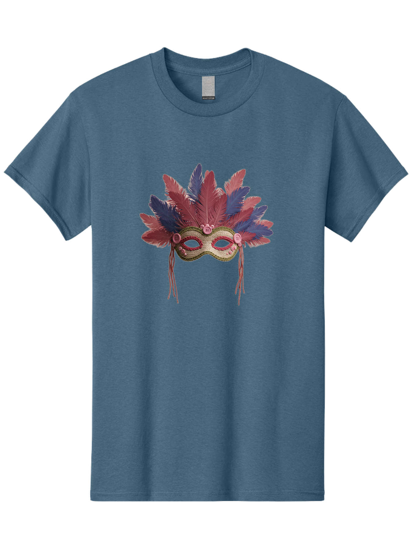 Mardi-Gras-Mask Men'S Graphic Tee, 100% Cotton, Comfortable Casual Summer Wear, Machine Washable, Vibrant Mardi Gras Mask, Red And Blue Feathers, Fancy Decoration, Festive Theme, Celebration, Colorful, Elaborate Design Bad297