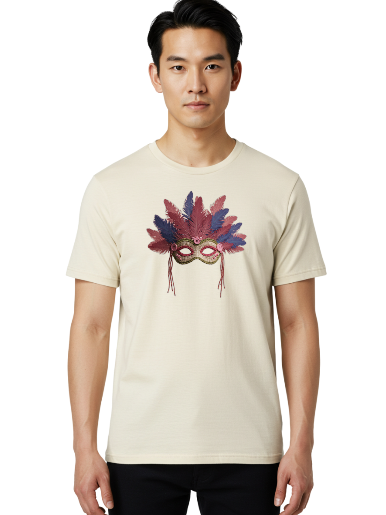 Mardi-Gras-Mask Men'S Graphic Tee, 100% Cotton, Comfortable Casual Summer Wear, Machine Washable, Vibrant Mardi Gras Mask, Red And Blue Feathers, Fancy Decoration, Festive Theme, Celebration, Colorful, Elaborate Design Bad297