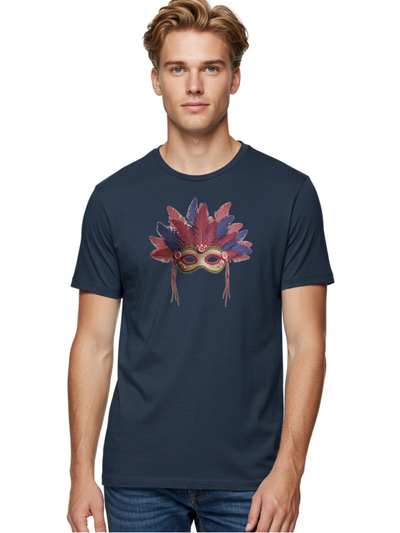 Mardi-Gras-Mask Men'S Graphic Tee, 100% Cotton, Comfortable Casual Summer Wear, Machine Washable, Vibrant Mardi Gras Mask, Red And Blue Feathers, Fancy Decoration, Festive Theme, Celebration, Colorful, Elaborate Design Bad297