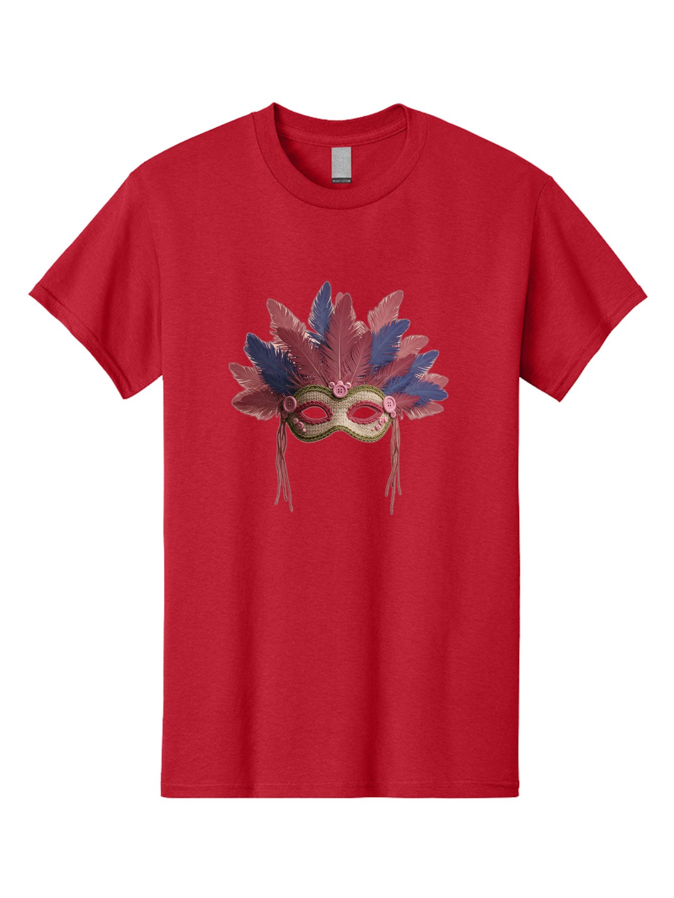 Mardi-Gras-Mask Men'S Graphic Tee, 100% Cotton, Comfortable Casual Summer Wear, Machine Washable, Vibrant Mardi Gras Mask, Red And Blue Feathers, Fancy Decoration, Festive Theme, Celebration, Colorful, Elaborate Design Bad297