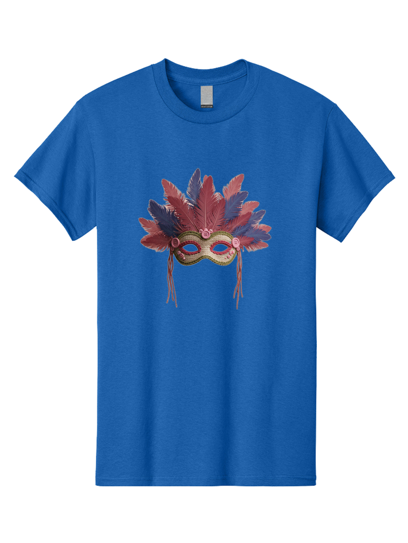 Mardi-Gras-Mask Men'S Graphic Tee, 100% Cotton, Comfortable Casual Summer Wear, Machine Washable, Vibrant Mardi Gras Mask, Red And Blue Feathers, Fancy Decoration, Festive Theme, Celebration, Colorful, Elaborate Design Bad297