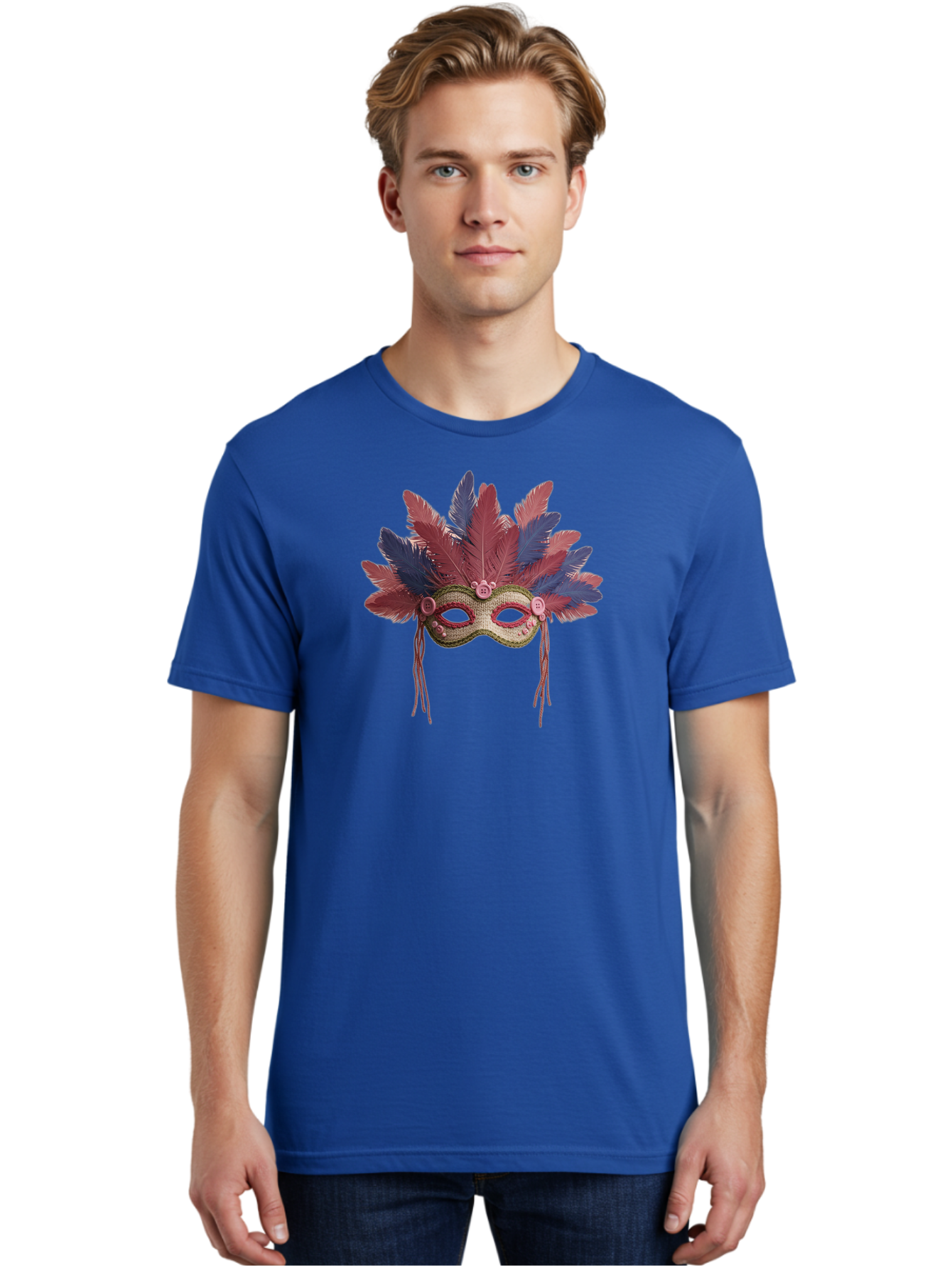 Mardi-Gras-Mask Men'S Graphic Tee, 100% Cotton, Comfortable Casual Summer Wear, Machine Washable, Vibrant Mardi Gras Mask, Red And Blue Feathers, Fancy Decoration, Festive Theme, Celebration, Colorful, Elaborate Design Bad297