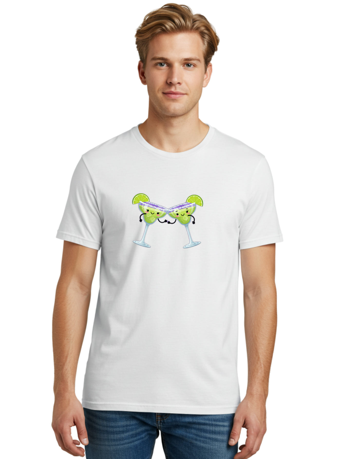 Margaritas Men'S Graphic Tee, 100% Cotton, Comfortable Casual Summer Wear, Machine Washable, Cartoon Cocktail Glasses, Margarita Glasses With Smiling Faces, Intertwined Stems, Lime Wedges, Happy Hour, Festive Drinks, Cocktail Party, Bad298