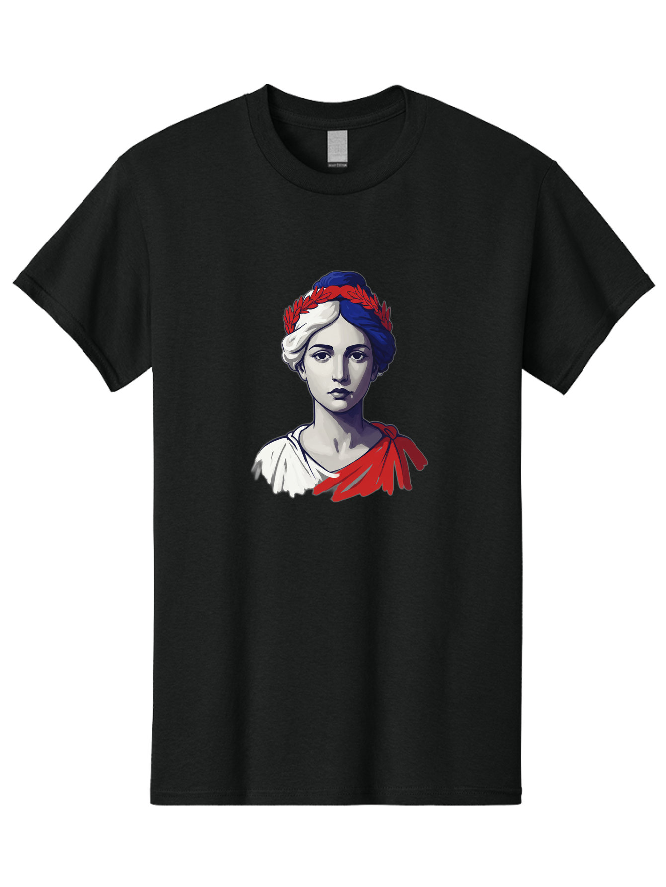 Marianne Men'S Graphic Tee, 100% Cotton, Comfortable Casual Summer Wear, Machine Washable, Woman Wearing Red Laurel Wreath, Red Ribbon, French Flag Colors, Symbolic Figure, National Personification, Liberty, French Culture, Classic Portrait, Bad299