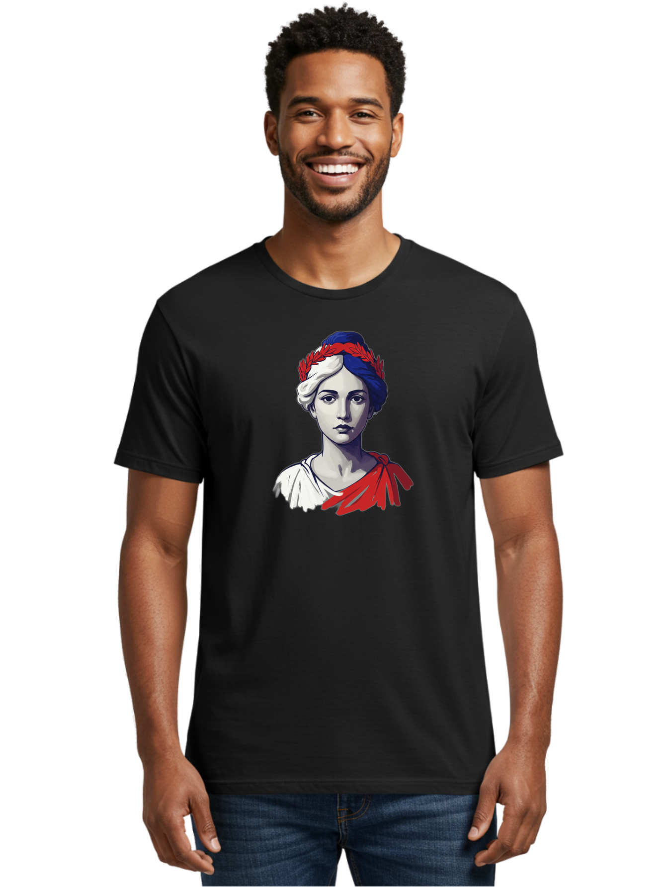 Marianne Men'S Graphic Tee, 100% Cotton, Comfortable Casual Summer Wear, Machine Washable, Woman Wearing Red Laurel Wreath, Red Ribbon, French Flag Colors, Symbolic Figure, National Personification, Liberty, French Culture, Classic Portrait, Bad299