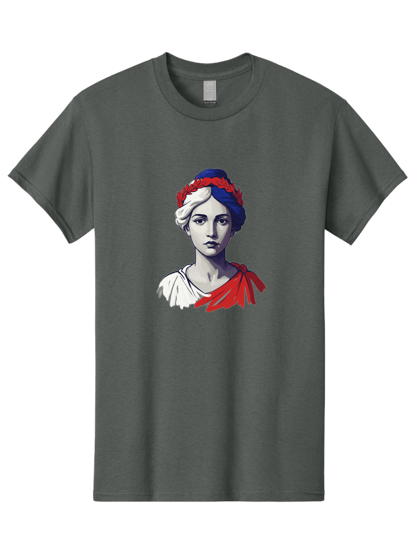 Marianne Men'S Graphic Tee, 100% Cotton, Comfortable Casual Summer Wear, Machine Washable, Woman Wearing Red Laurel Wreath, Red Ribbon, French Flag Colors, Symbolic Figure, National Personification, Liberty, French Culture, Classic Portrait, Bad299