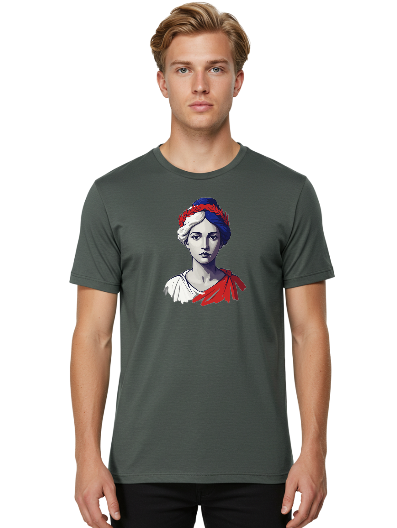 Marianne Men'S Graphic Tee, 100% Cotton, Comfortable Casual Summer Wear, Machine Washable, Woman Wearing Red Laurel Wreath, Red Ribbon, French Flag Colors, Symbolic Figure, National Personification, Liberty, French Culture, Classic Portrait, Bad299